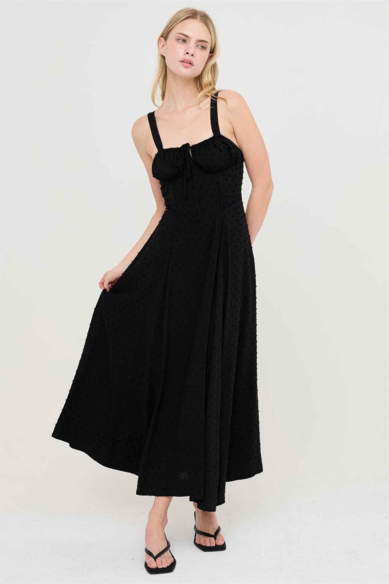 Boned Bodice Midi Dress - Spaghetti Strap Tie Back
