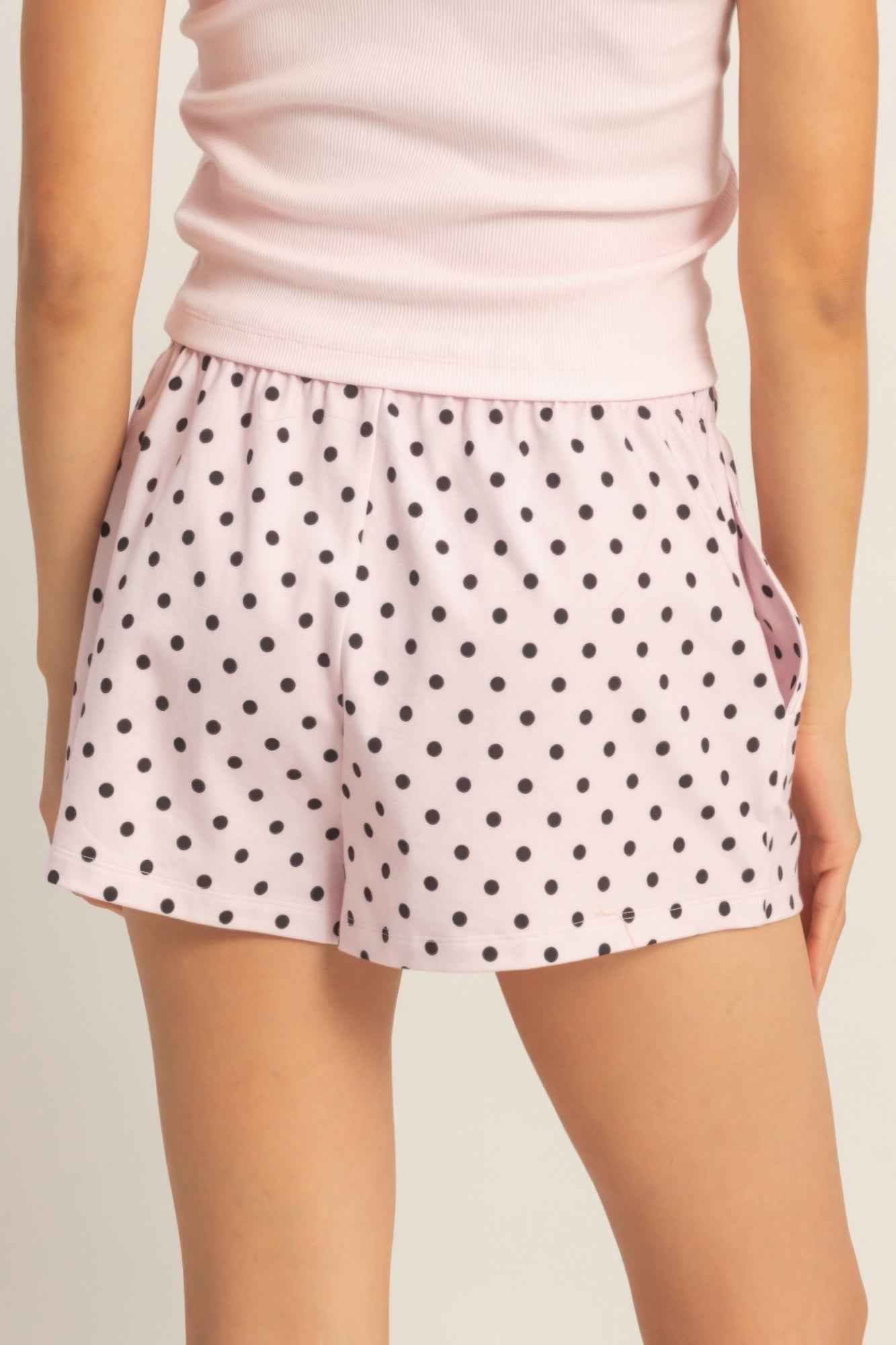 Polka Dot Drawstring Shorts - Elastic Waist Pocketed