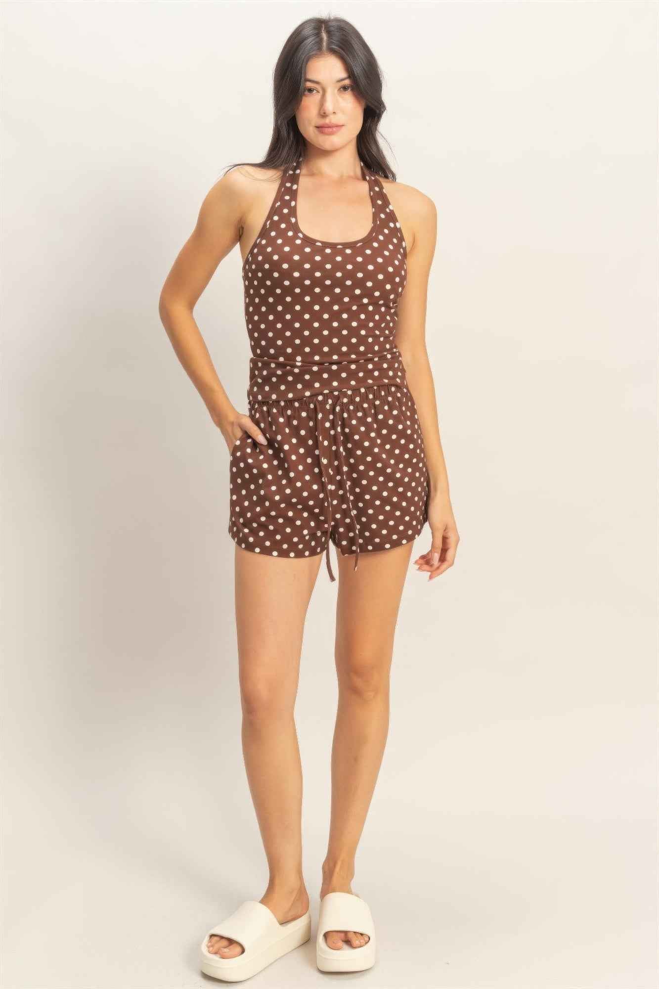 Polka Dot Drawstring Shorts - Elastic Waist Pocketed