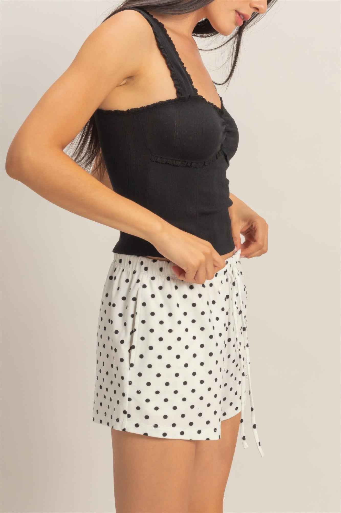 Polka Dot Drawstring Shorts - Elastic Waist Pocketed