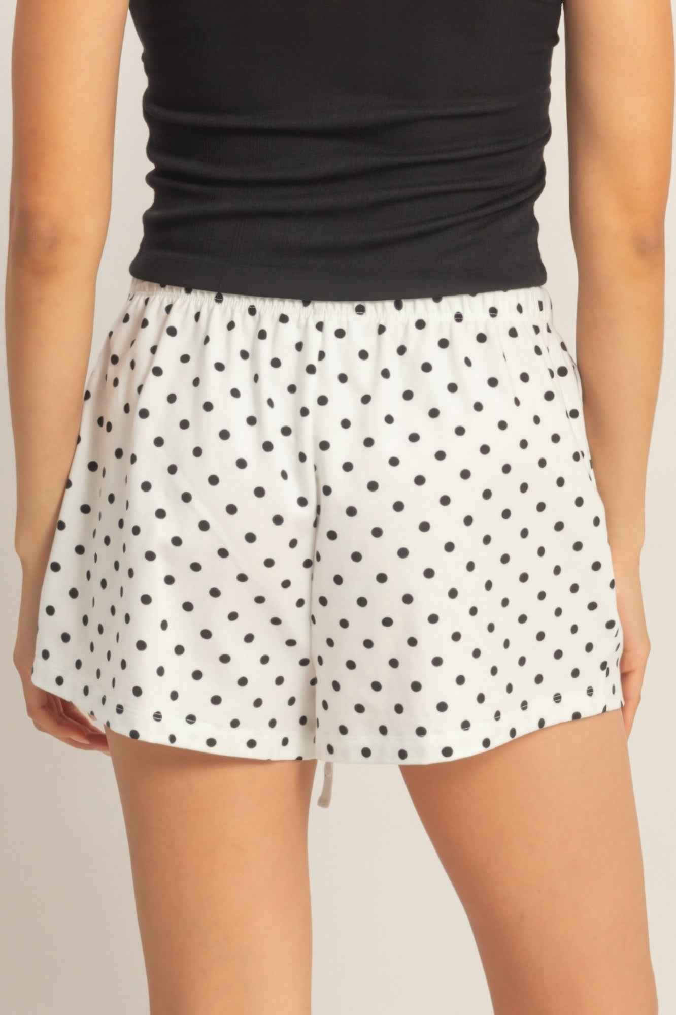 Polka Dot Drawstring Shorts - Elastic Waist Pocketed