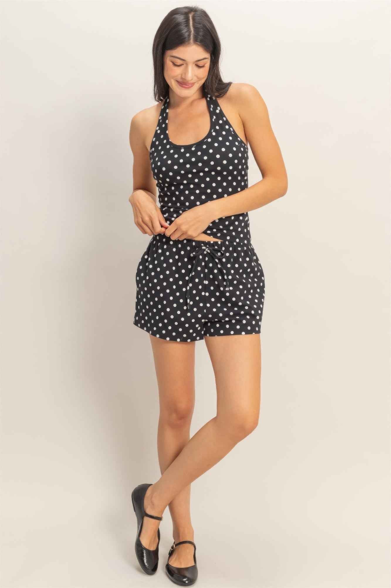 Polka Dot Drawstring Shorts - Elastic Waist Pocketed