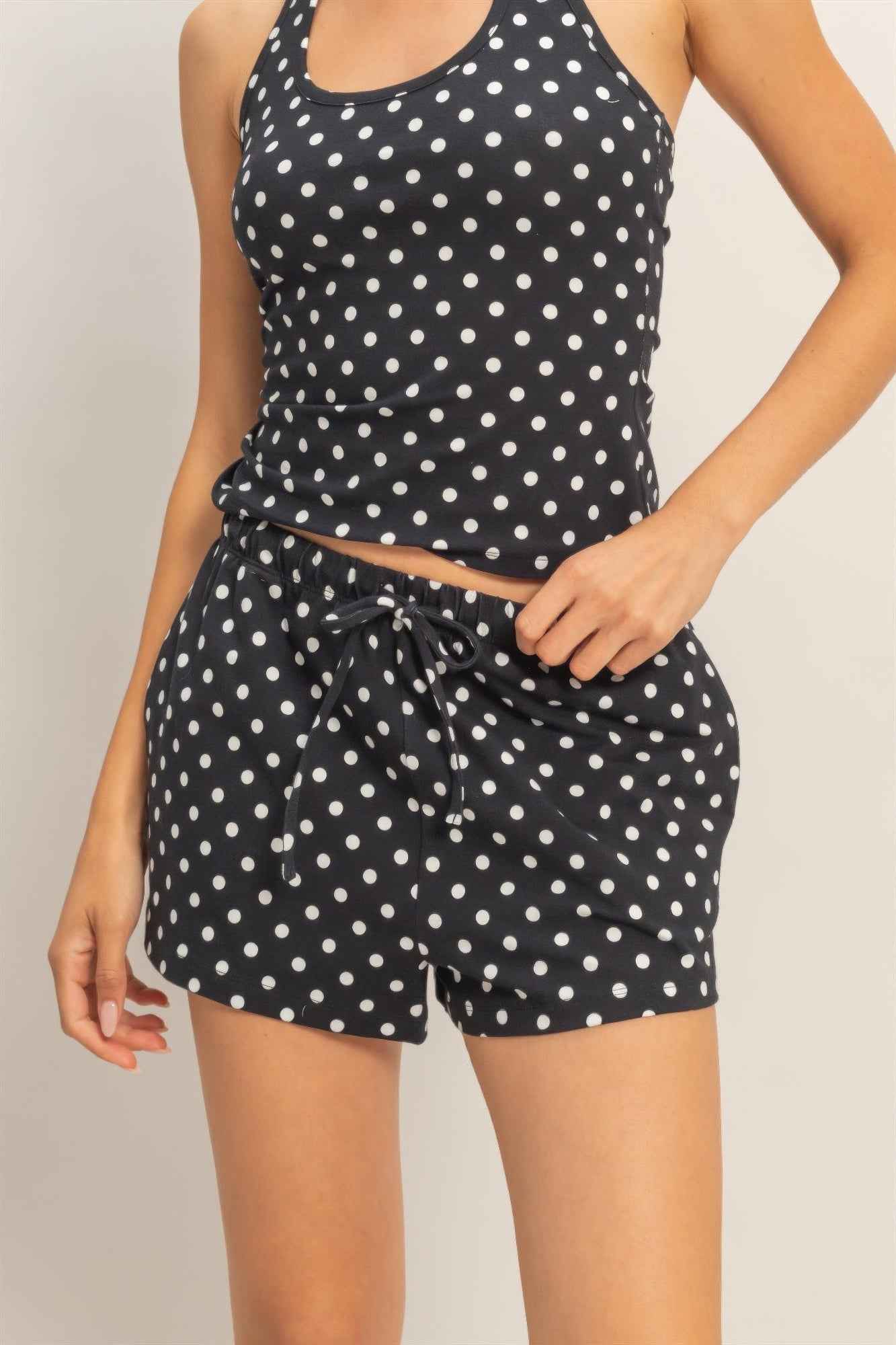 Polka Dot Drawstring Shorts - Elastic Waist Pocketed
