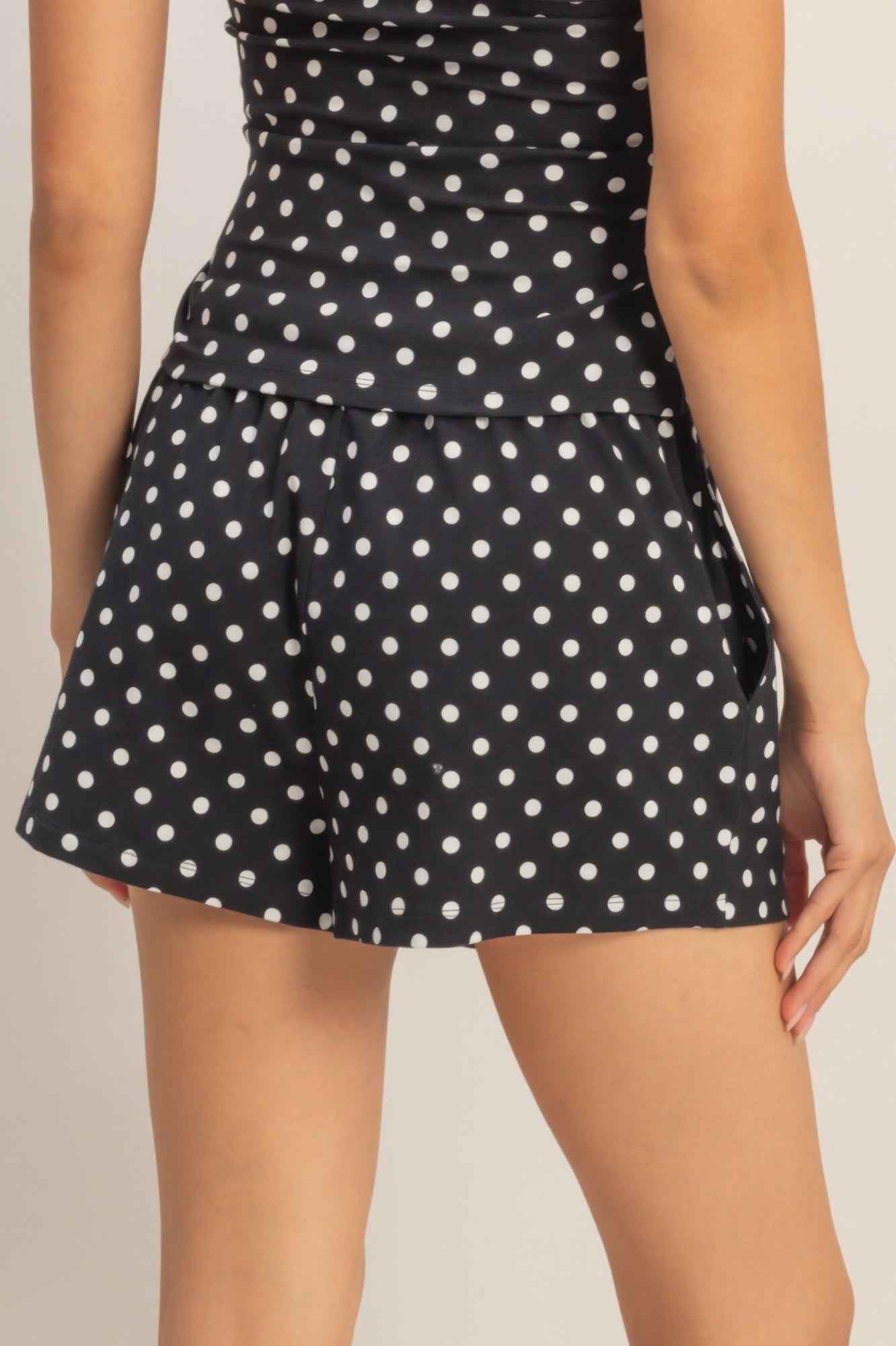 Polka Dot Drawstring Shorts - Elastic Waist Pocketed