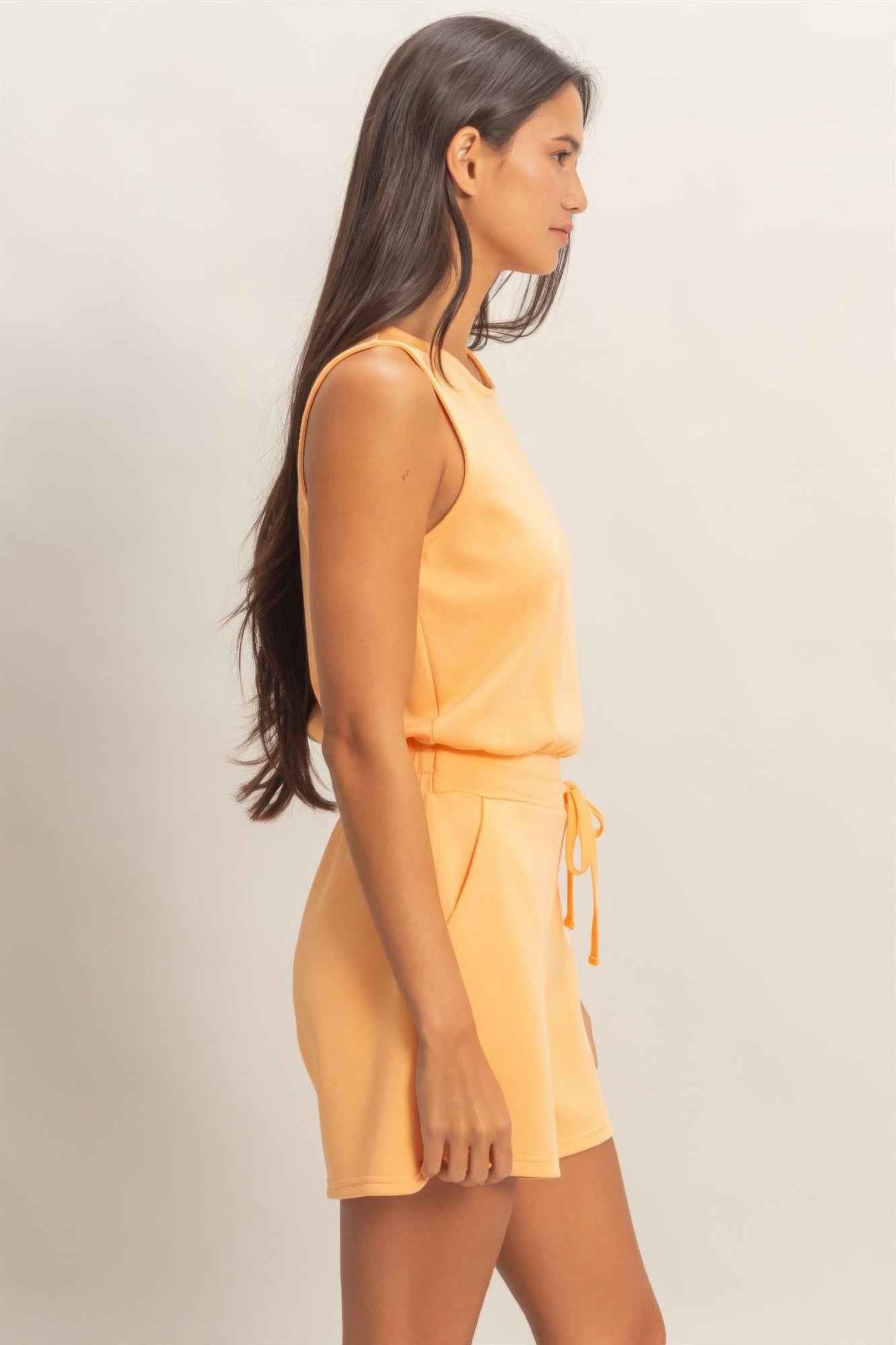 Sleeveless Drawstring Romper - Banded Waist Casual Fit