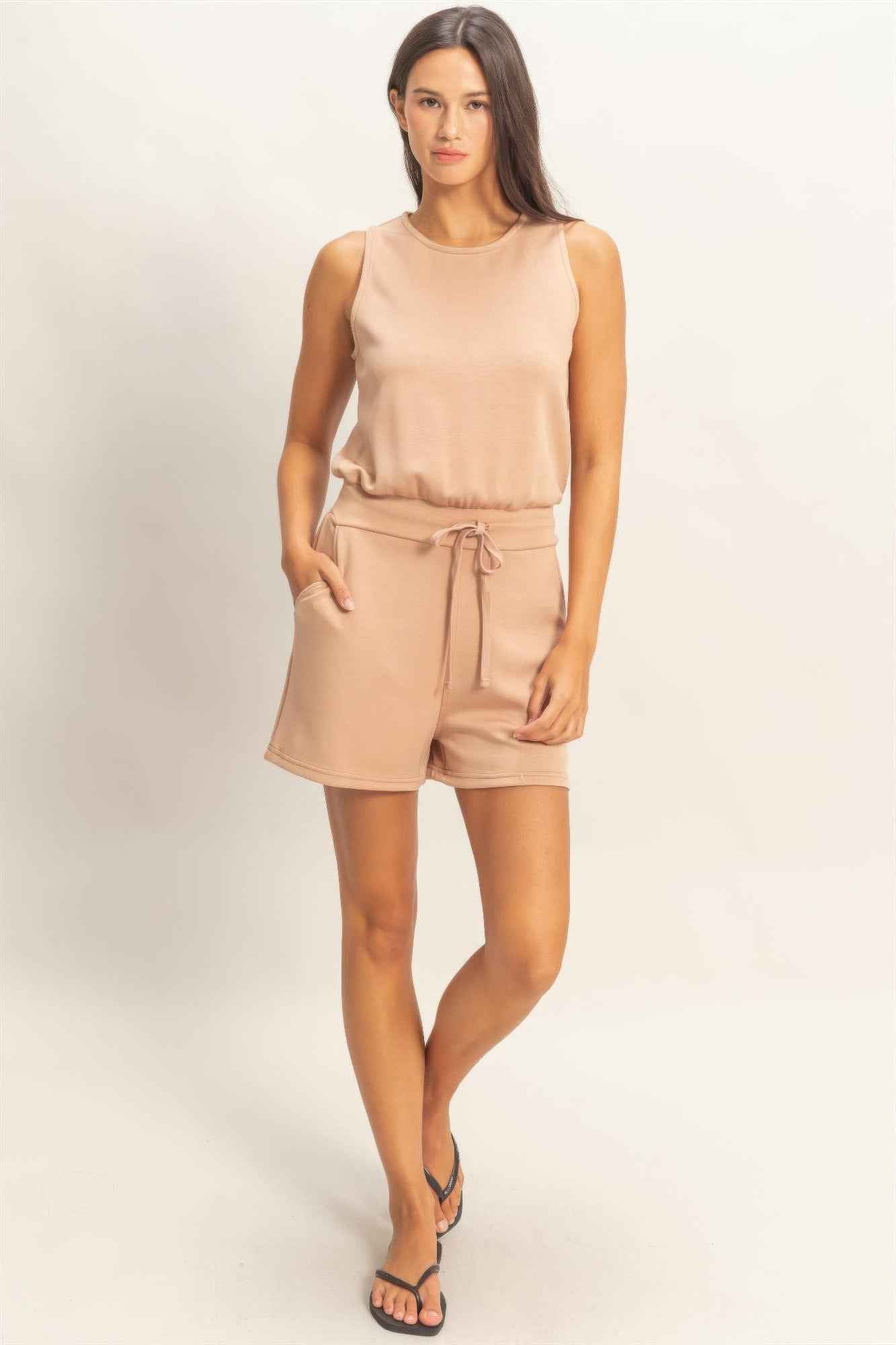Sleeveless Drawstring Romper - Banded Waist Casual Fit