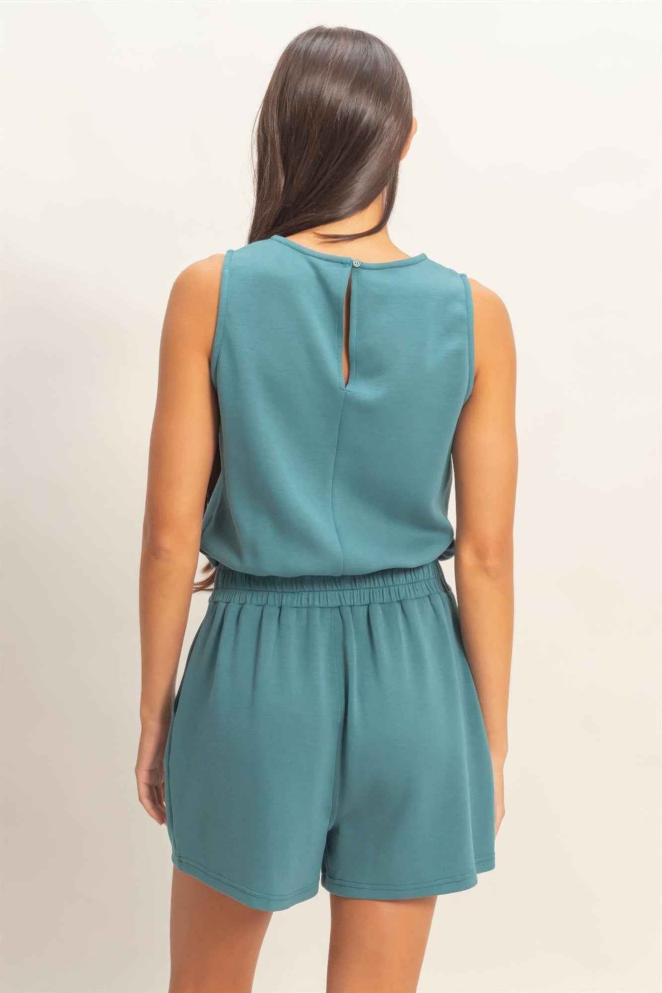 Sleeveless Drawstring Romper - Banded Waist Casual Fit