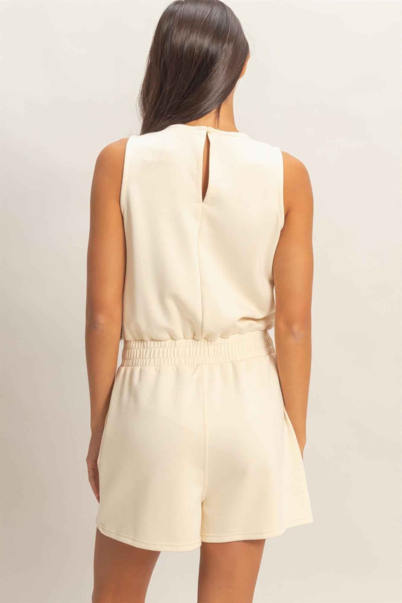 Sleeveless Drawstring Romper - Banded Waist Casual Fit