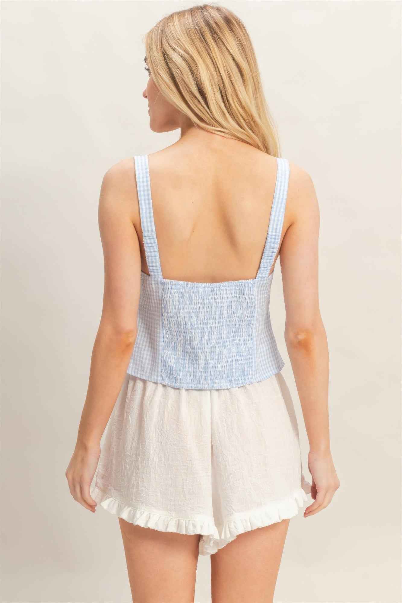 Gingham Tank Top - Sweetheart Neck Tie Front Knot