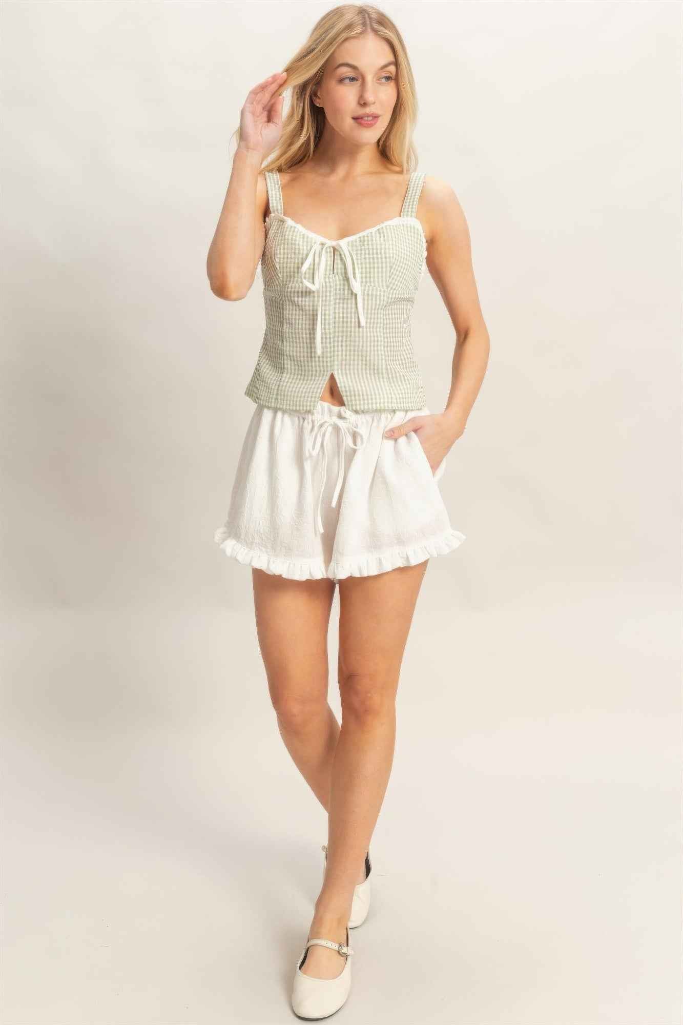 Gingham Tank Top - Sweetheart Neck Tie Front Knot
