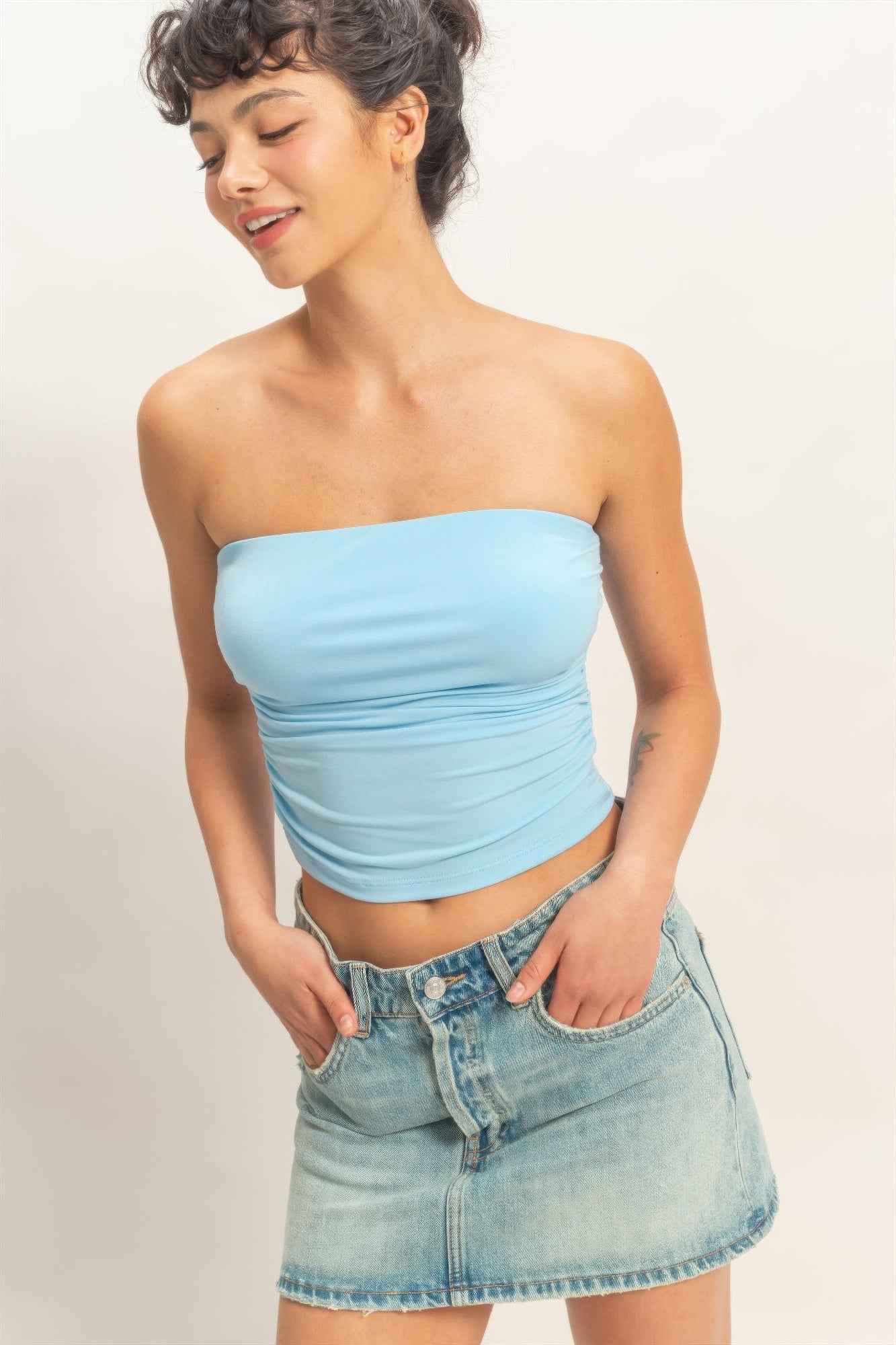 Ruched Bandeau Top - Strapless Gathered Bodice Crop
