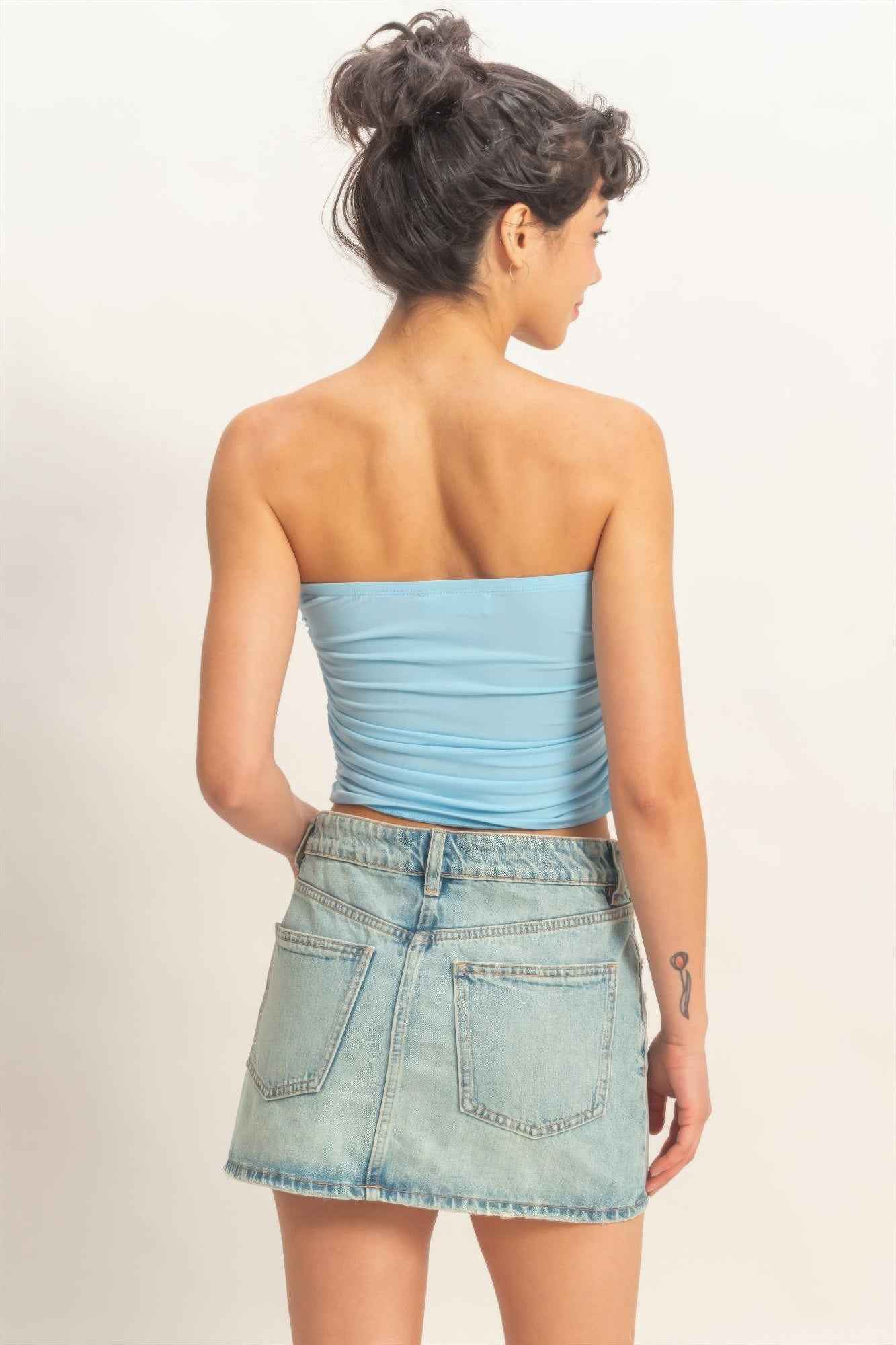 Ruched Bandeau Top - Strapless Gathered Bodice Crop