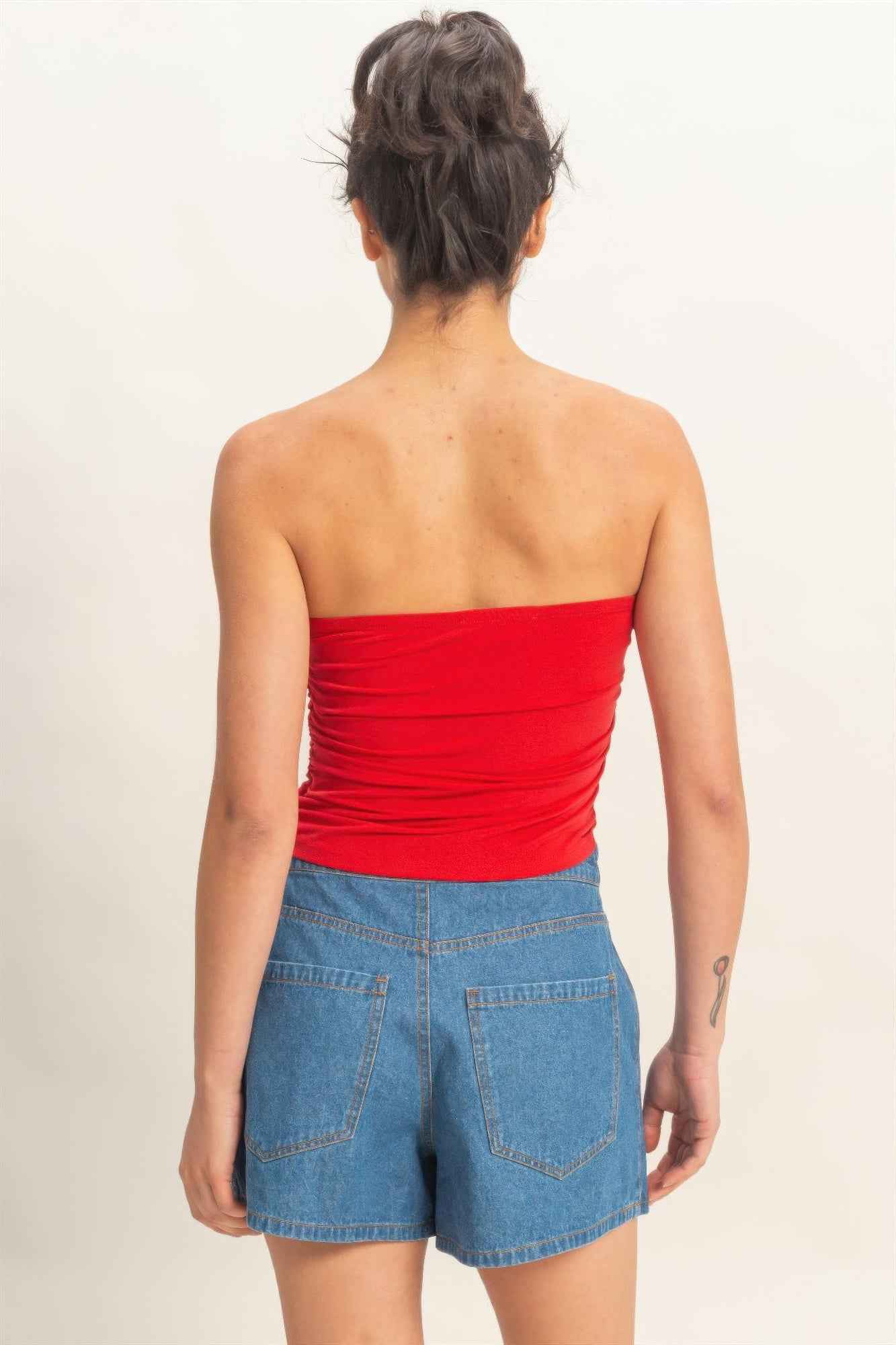 Ruched Bandeau Top - Strapless Gathered Bodice Crop