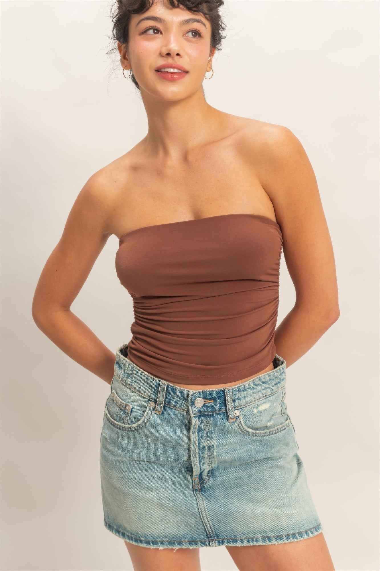 Ruched Bandeau Top - Strapless Gathered Bodice Crop