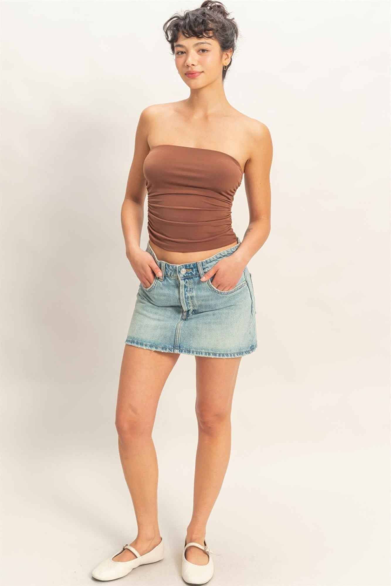 Ruched Bandeau Top - Strapless Gathered Bodice Crop
