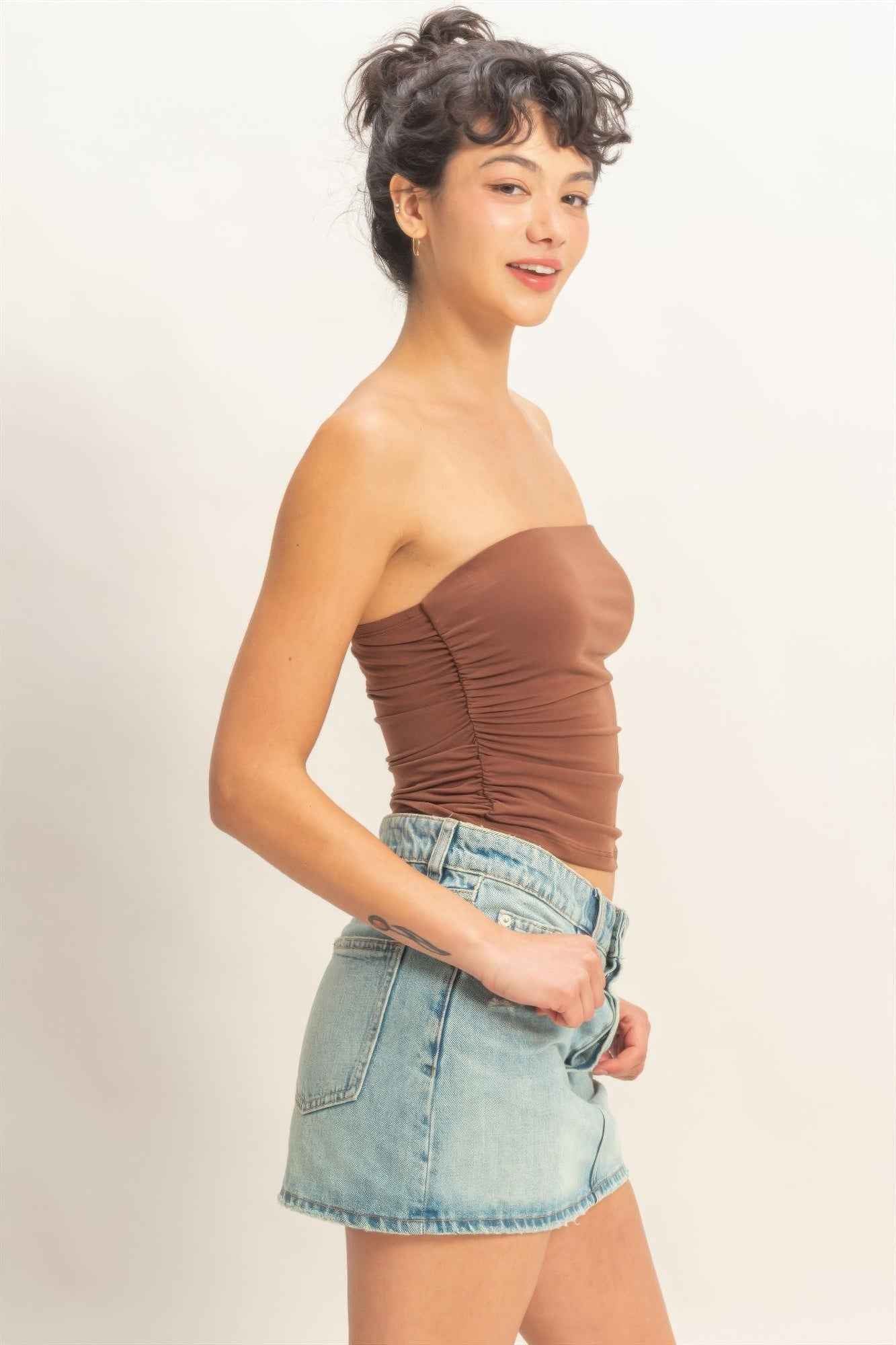 Ruched Bandeau Top - Strapless Gathered Bodice Crop