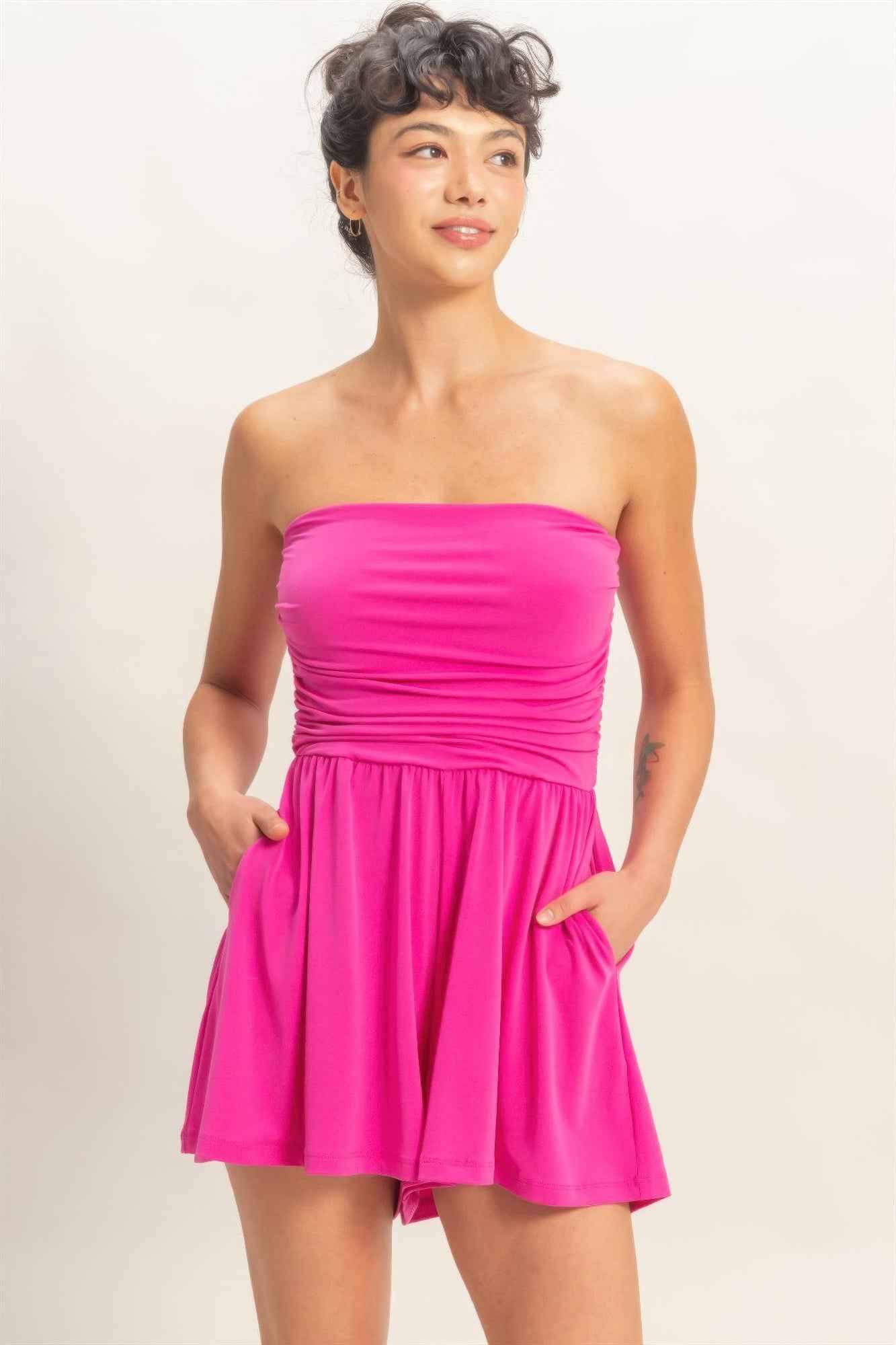 Strapless Shirred Waist Romper - Hidden Pocket Shorts
