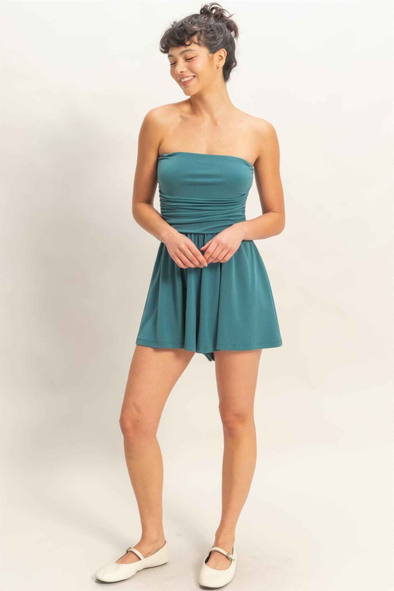 Strapless Shirred Waist Romper - Hidden Pocket Shorts