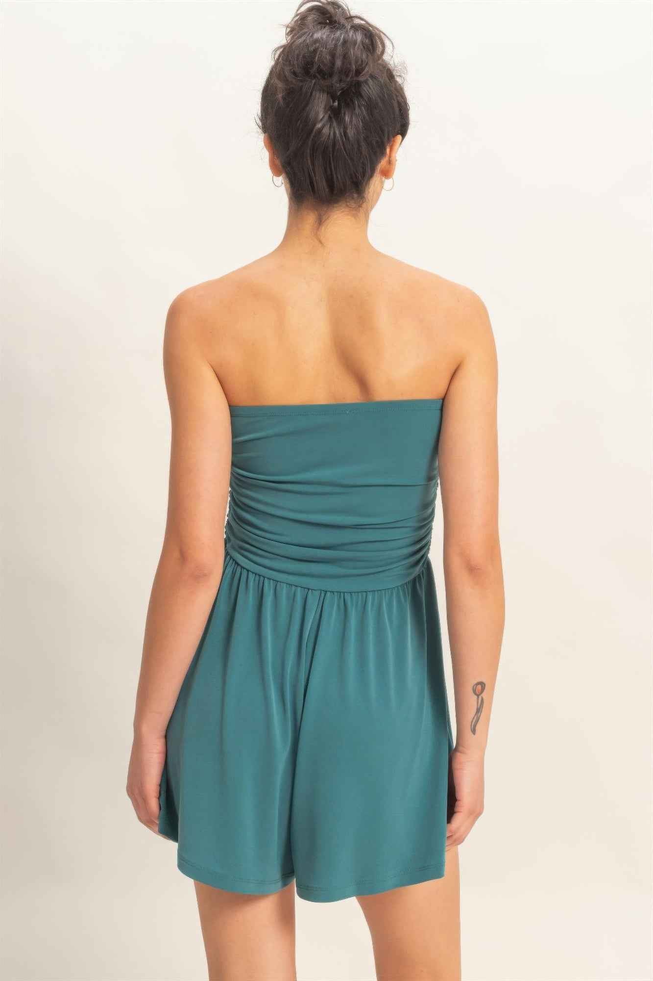 Strapless Shirred Waist Romper - Hidden Pocket Shorts
