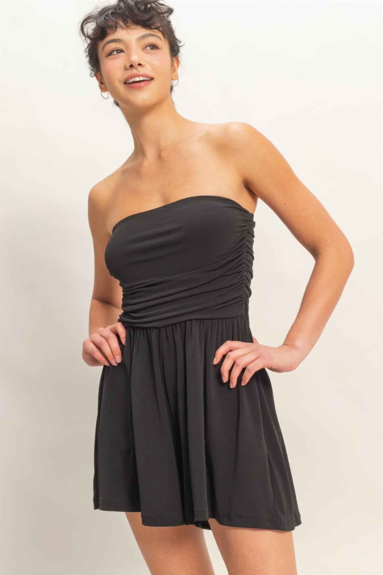Strapless Shirred Waist Romper - Hidden Pocket Shorts