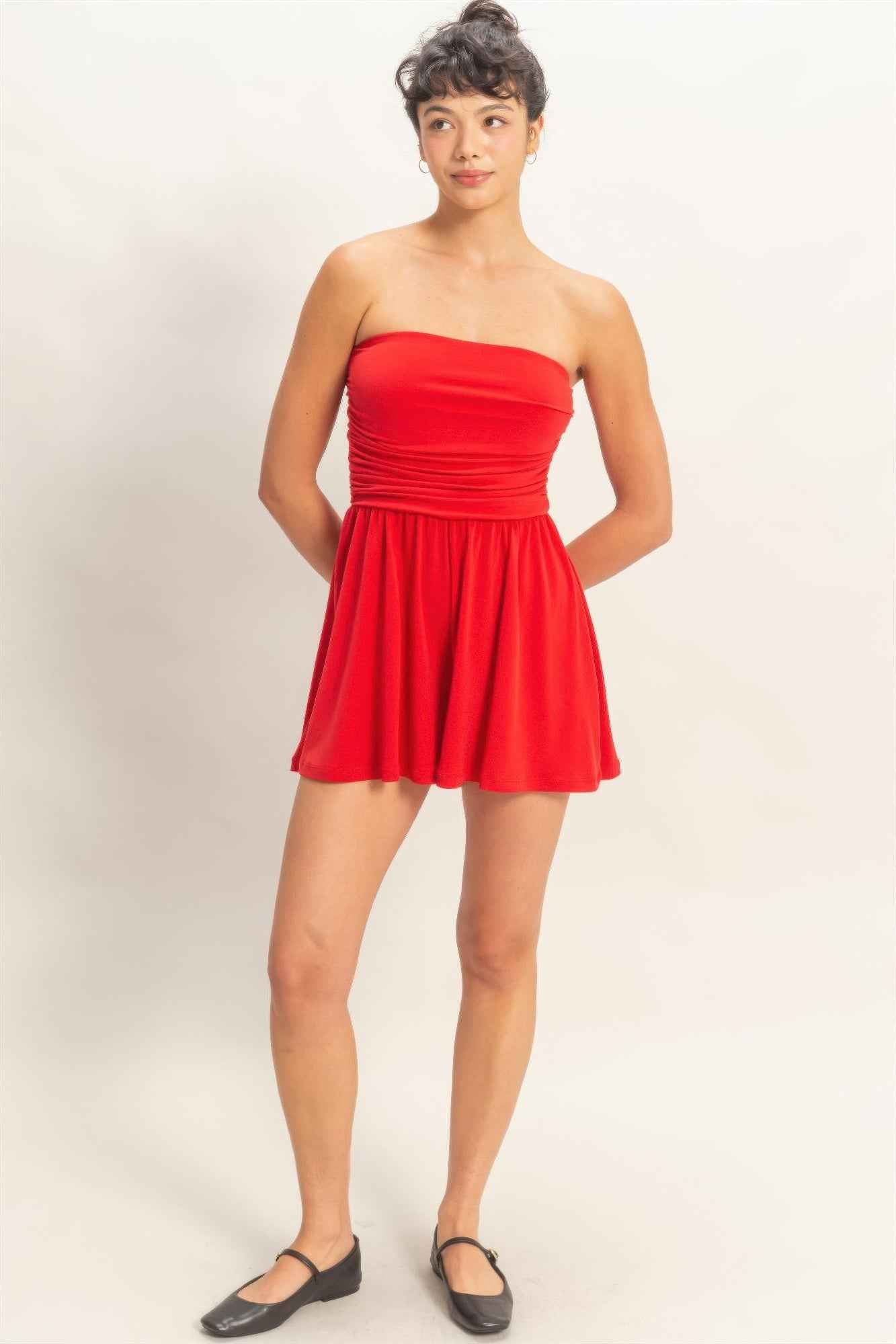 Strapless Shirred Waist Romper - Hidden Pocket Shorts