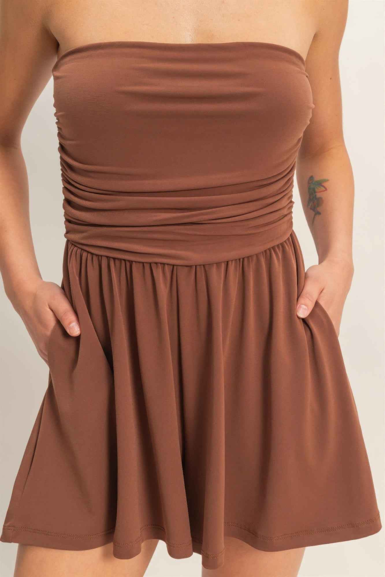 Strapless Shirred Waist Romper - Hidden Pocket Shorts