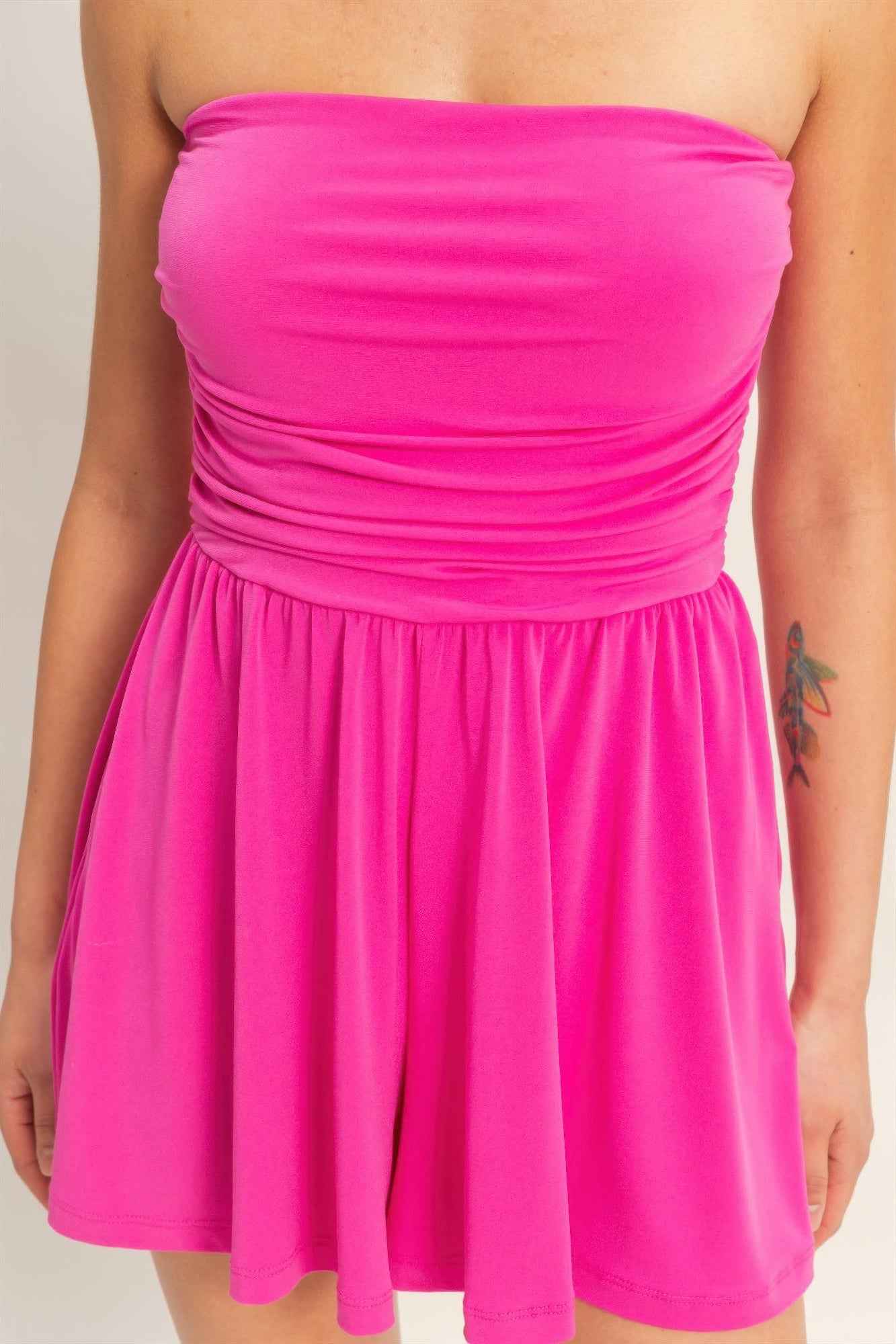 Strapless Shirred Waist Romper - Hidden Pocket Shorts
