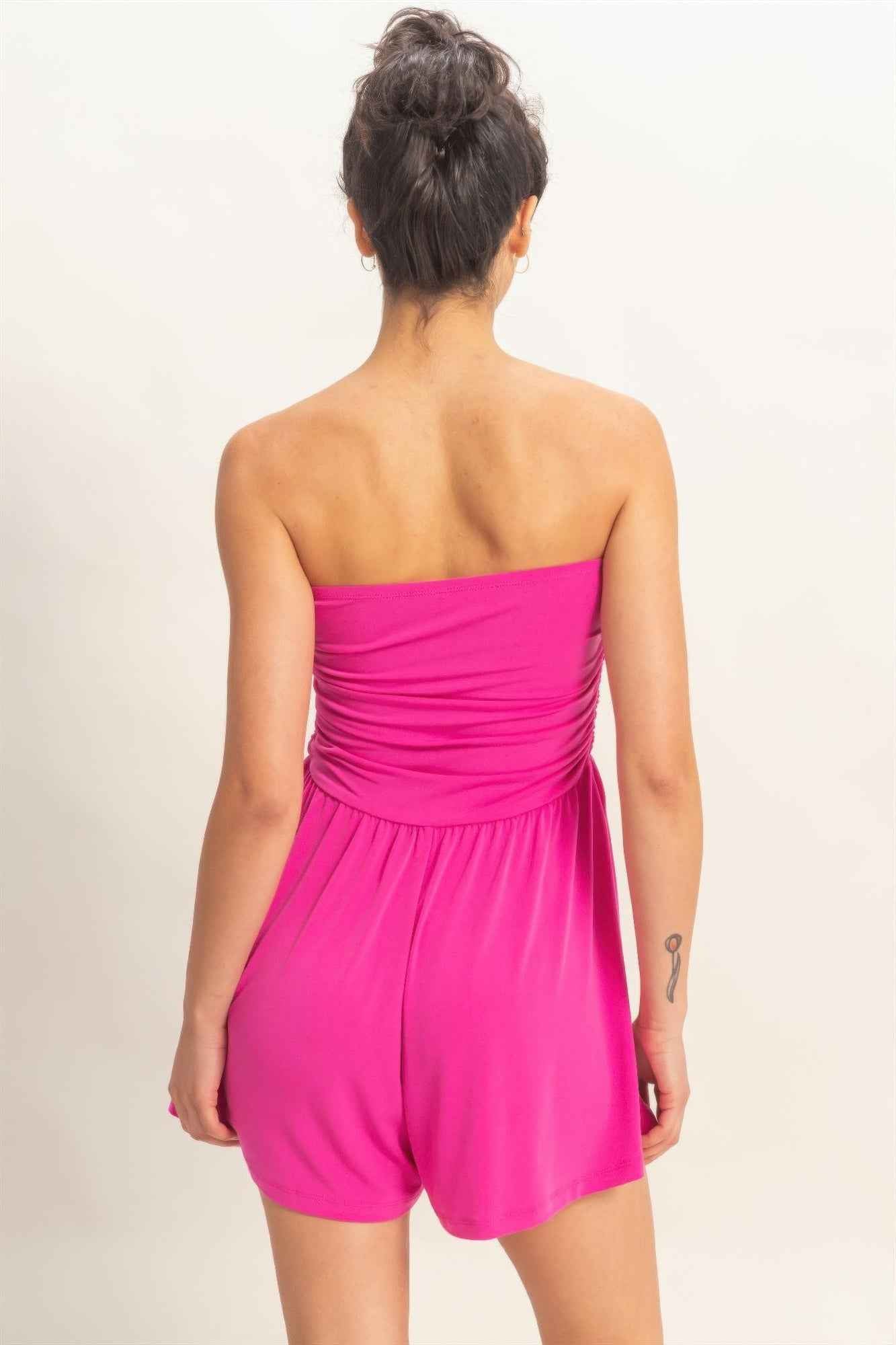 Strapless Shirred Waist Romper - Hidden Pocket Shorts