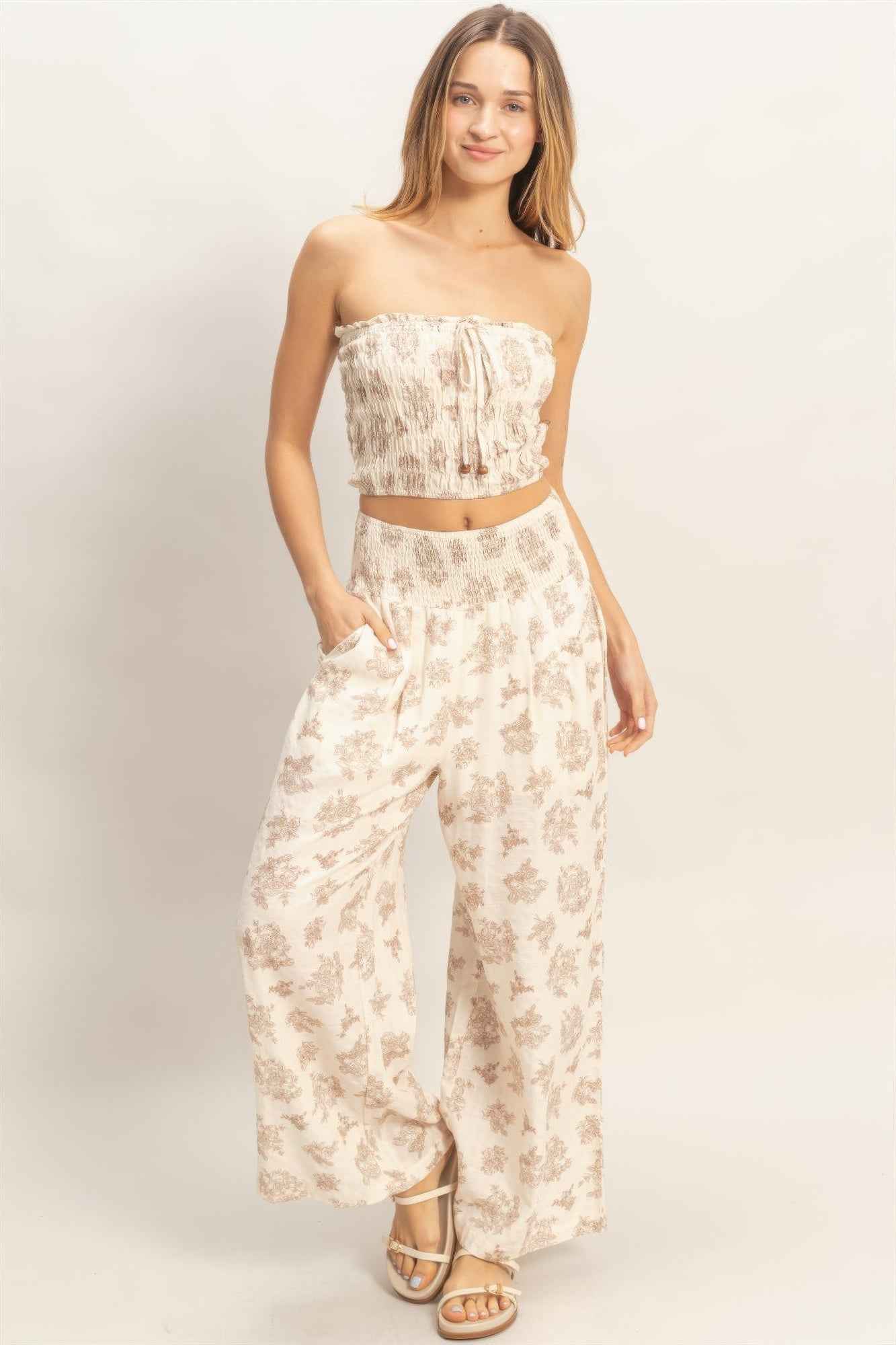 Wide Leg Pants Set - Tied Smocked Tube Top