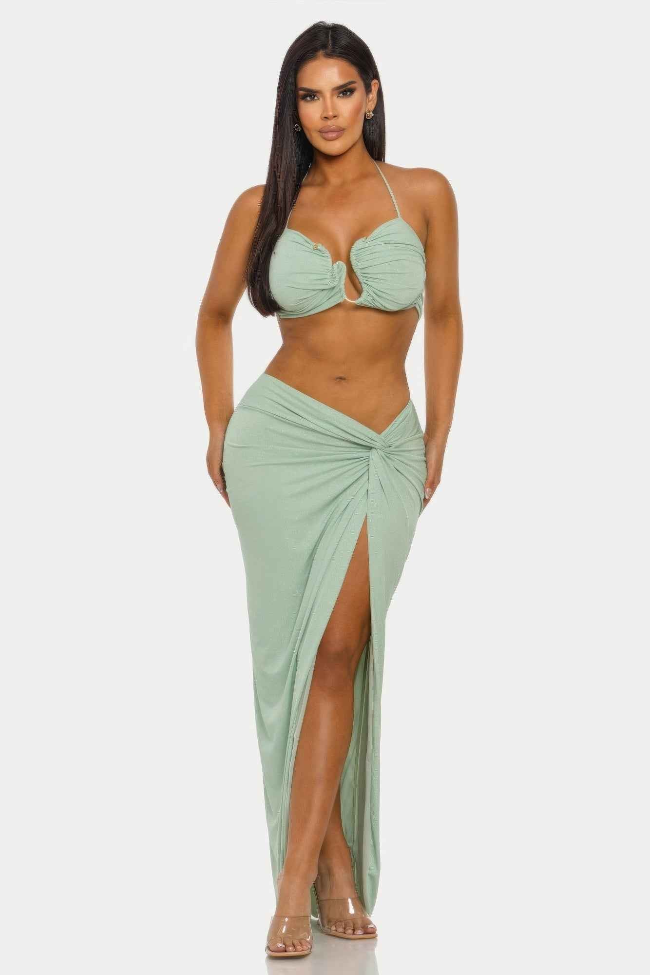 Halter Crop Top Maxi Skirt Set - Keyhole Cutout Shimmer Two Piece