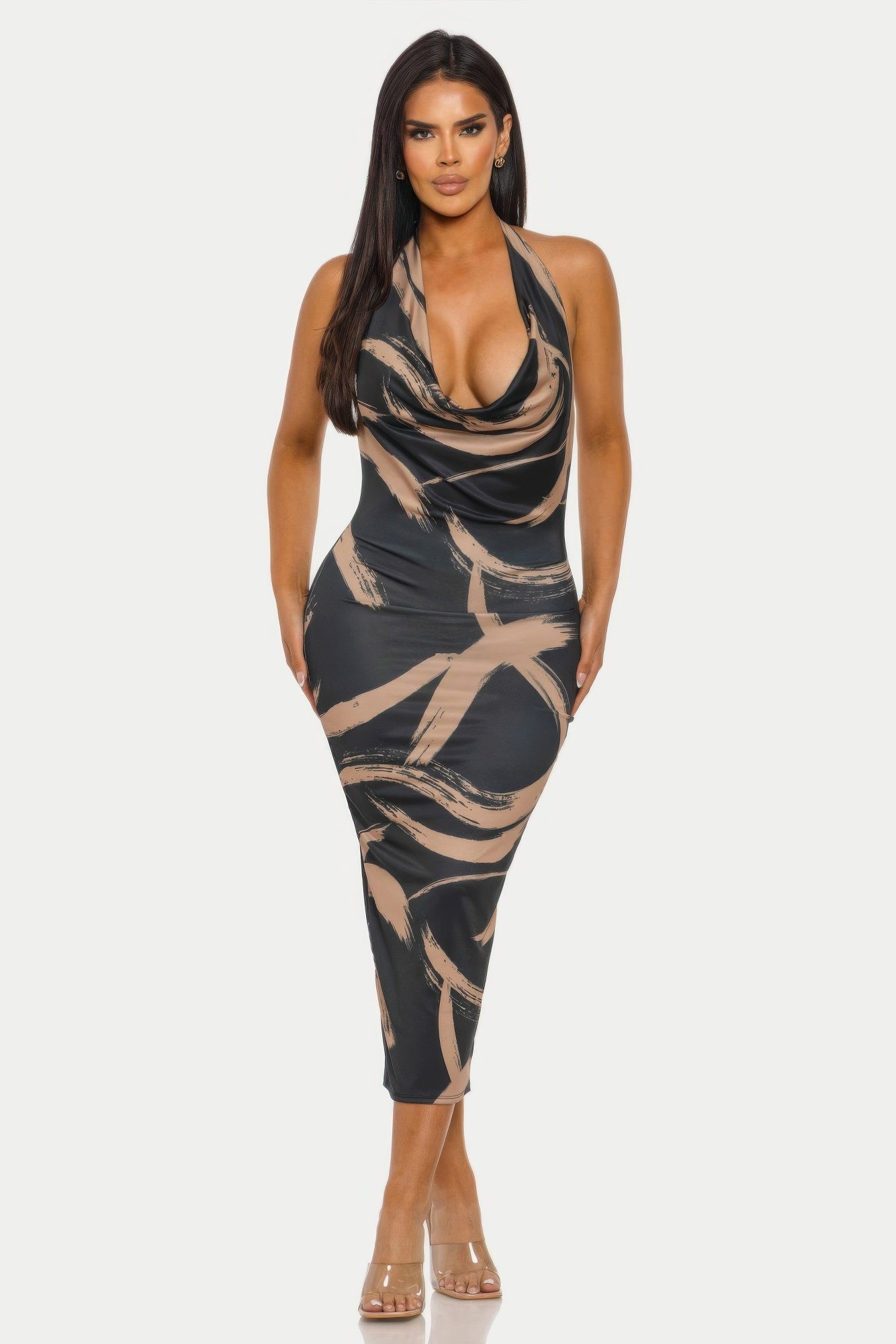 Black Halter Midi Dress - Open Back Cowl Brushstroke Print