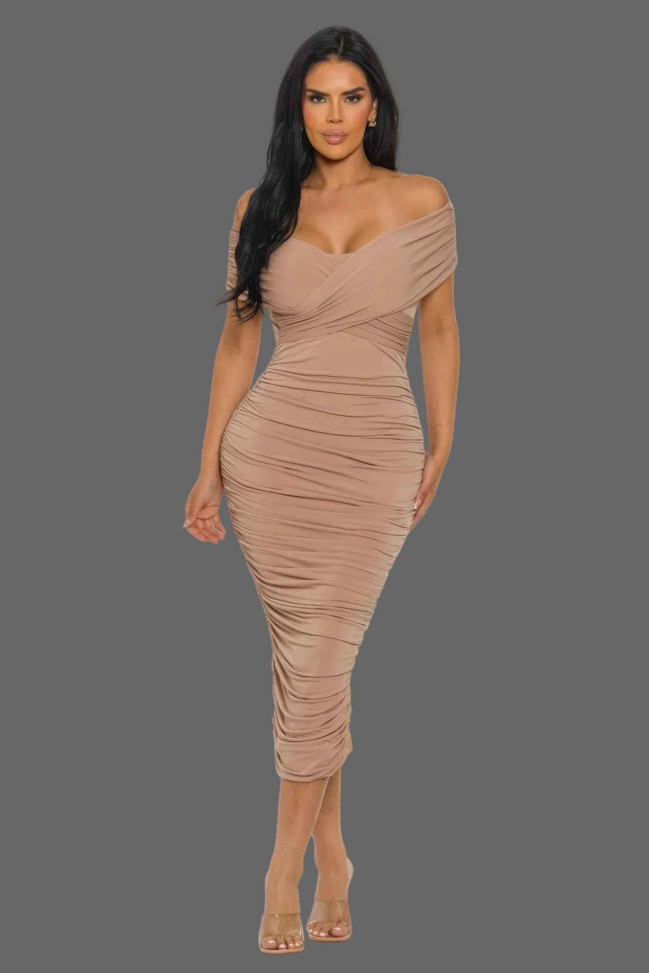 Off Shoulder Draped Midi Dress - Double Layer Body Sculpting