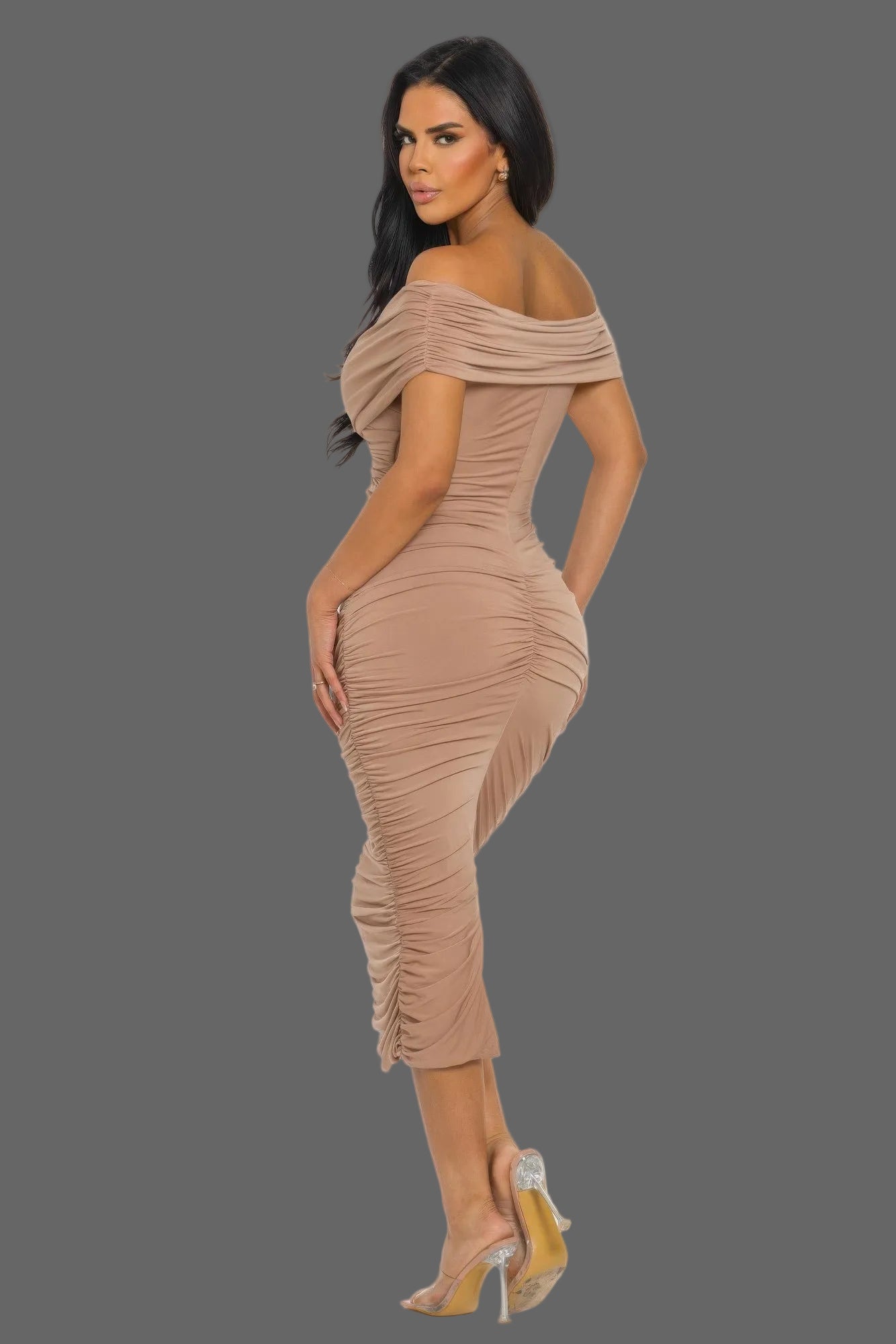 Off Shoulder Draped Midi Dress - Double Layer Body Sculpting