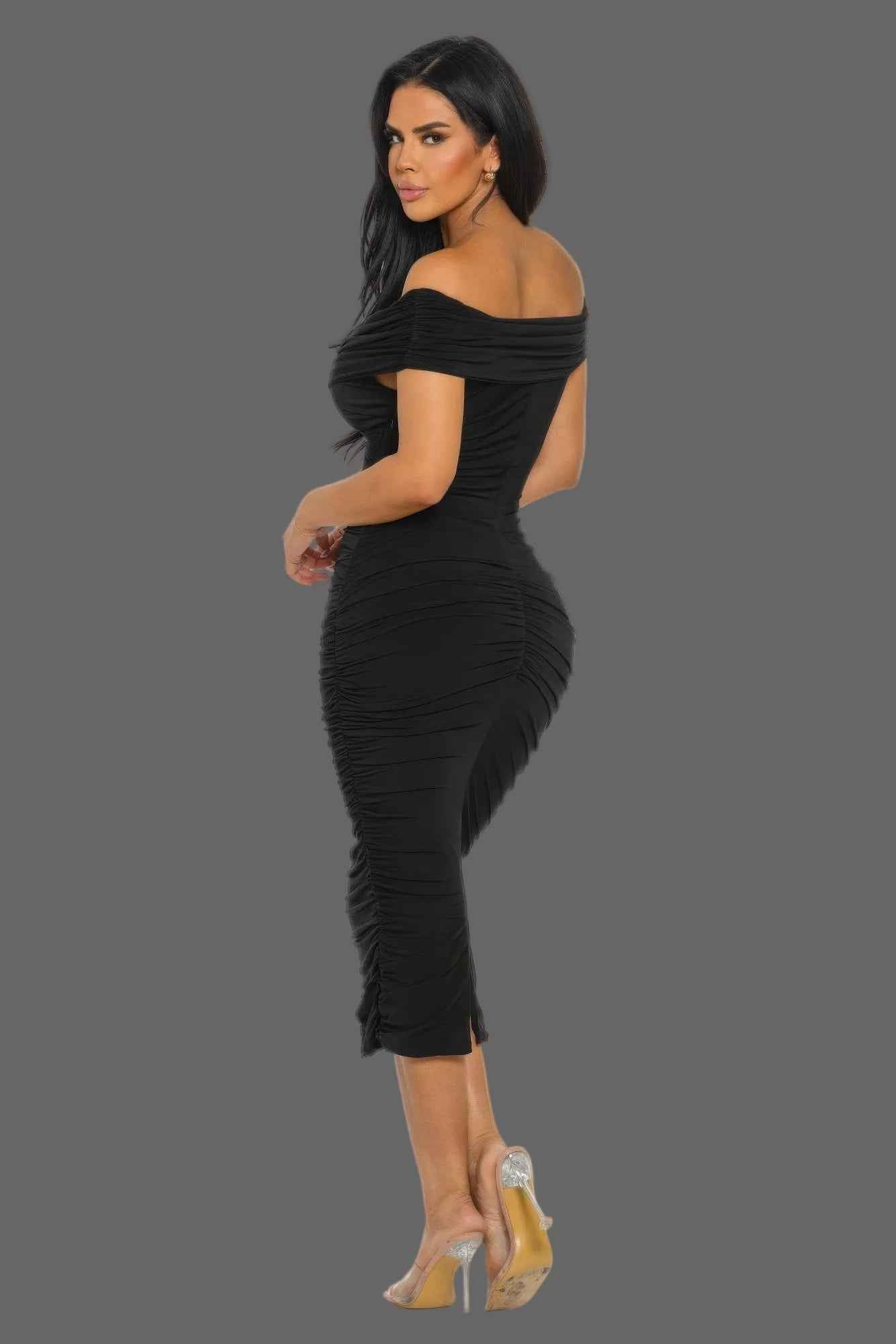 Off Shoulder Draped Midi Dress - Double Layer Body Sculpting