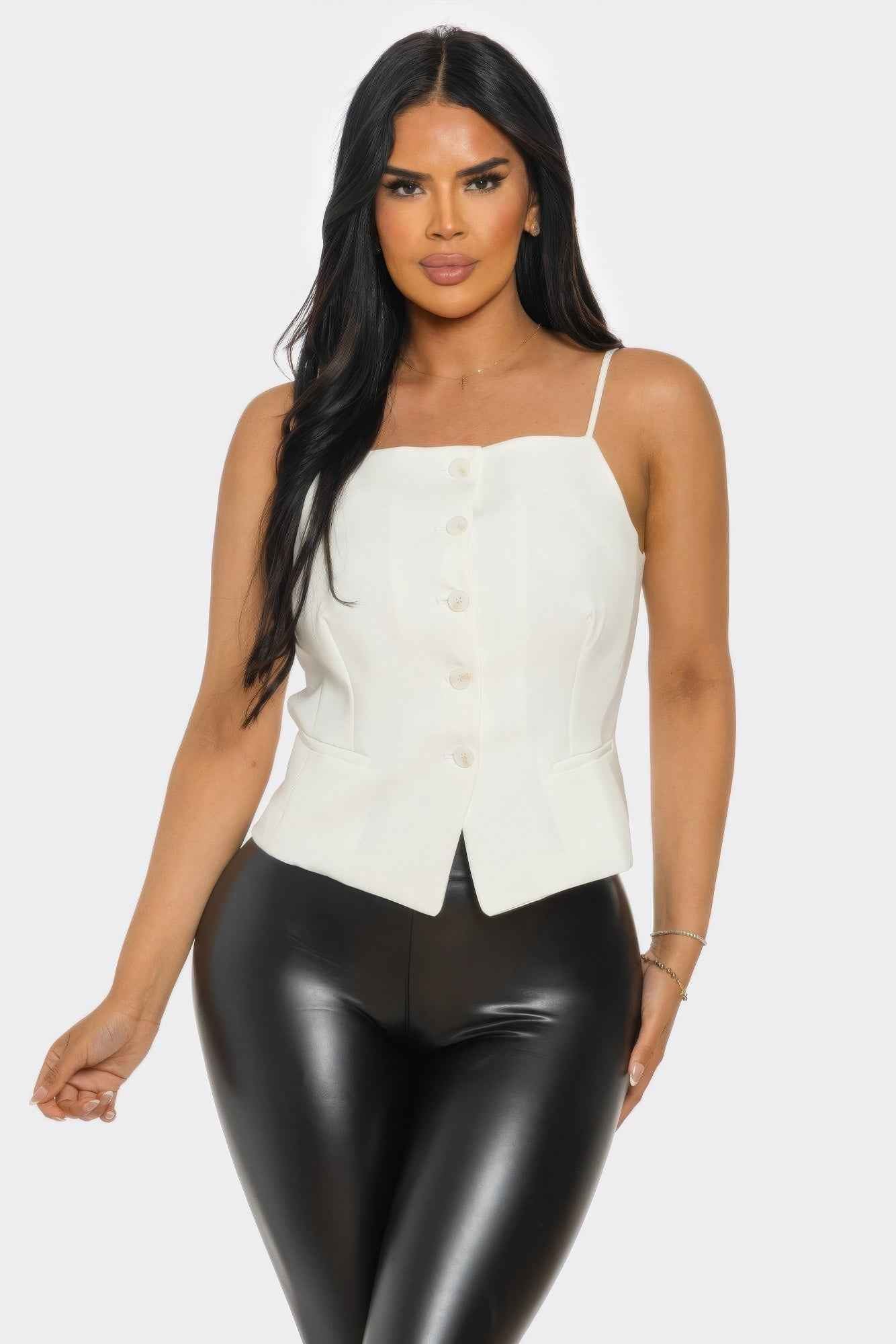 Square Neck Corset Top - Button Up Spaghetti Strap Fitted