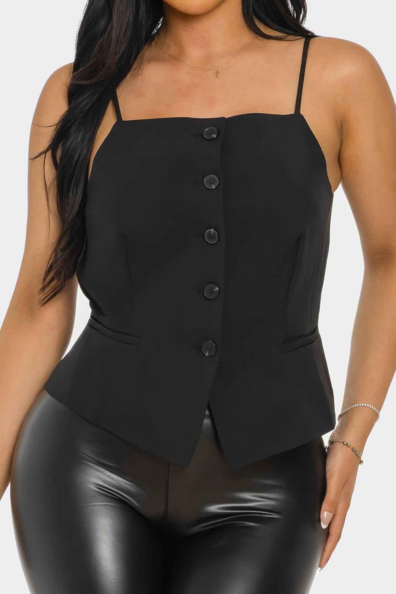 Square Neck Corset Top - Button Up Spaghetti Strap Fitted