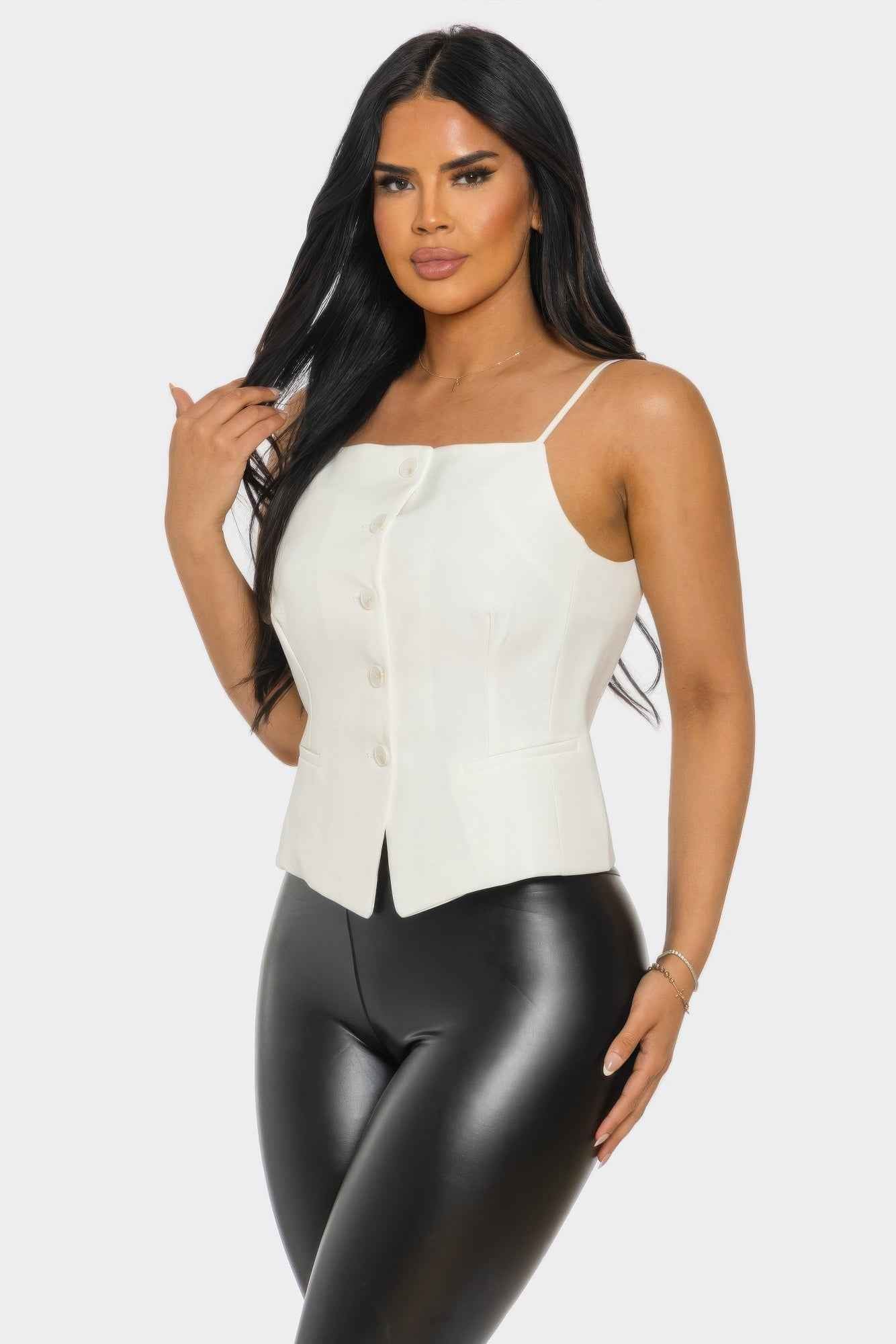 Square Neck Corset Top - Button Up Spaghetti Strap Fitted