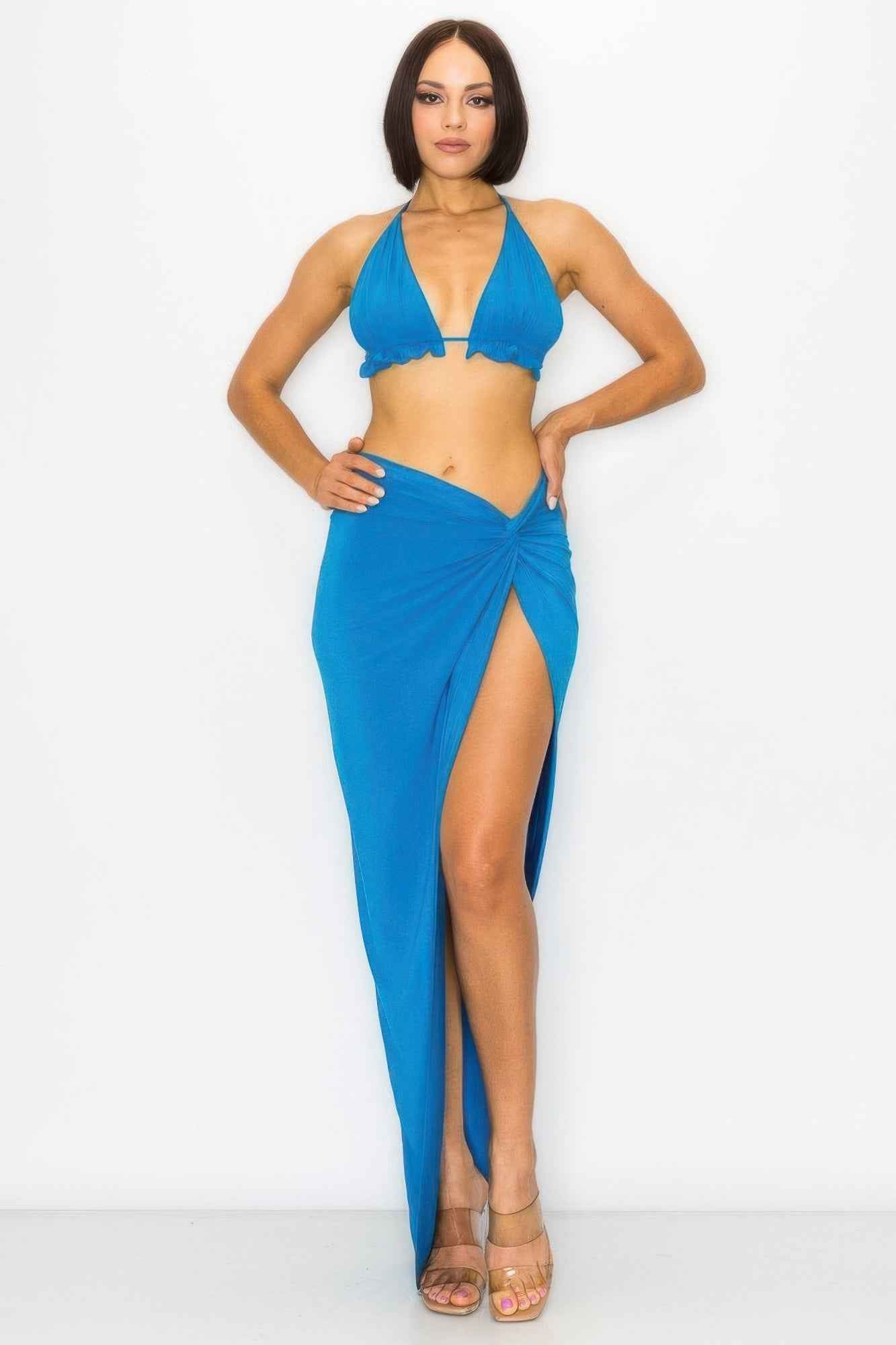 Turquoise Bra Top Maxi Skirt Set - Flowy High Waist Two Piece