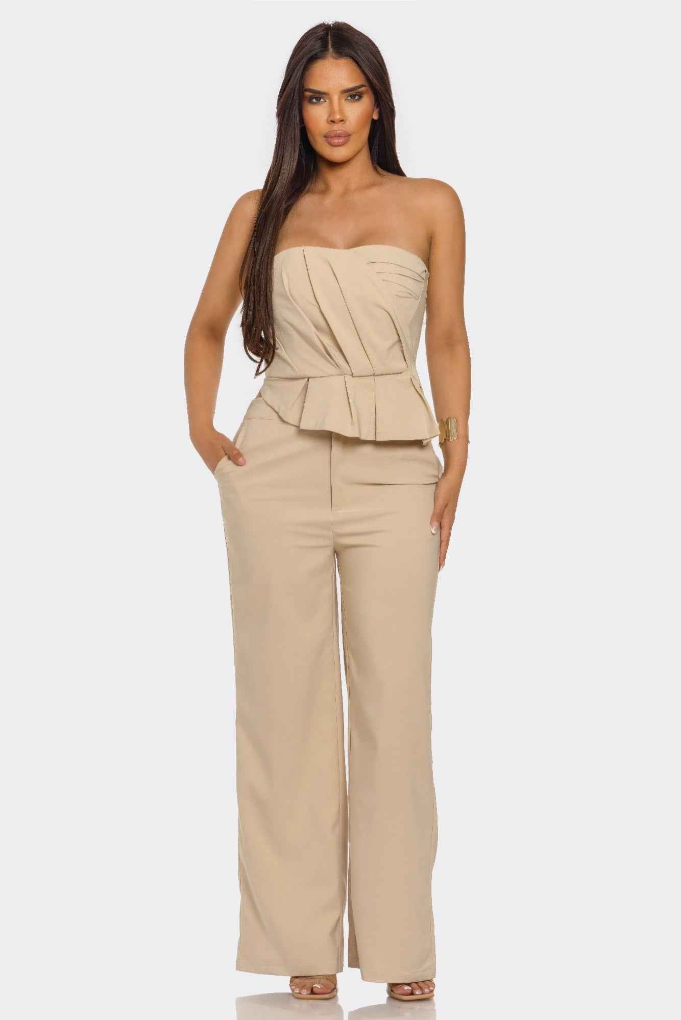 Strapless Peplum Top Set - Wide Leg Trouser Pleated Two Piece