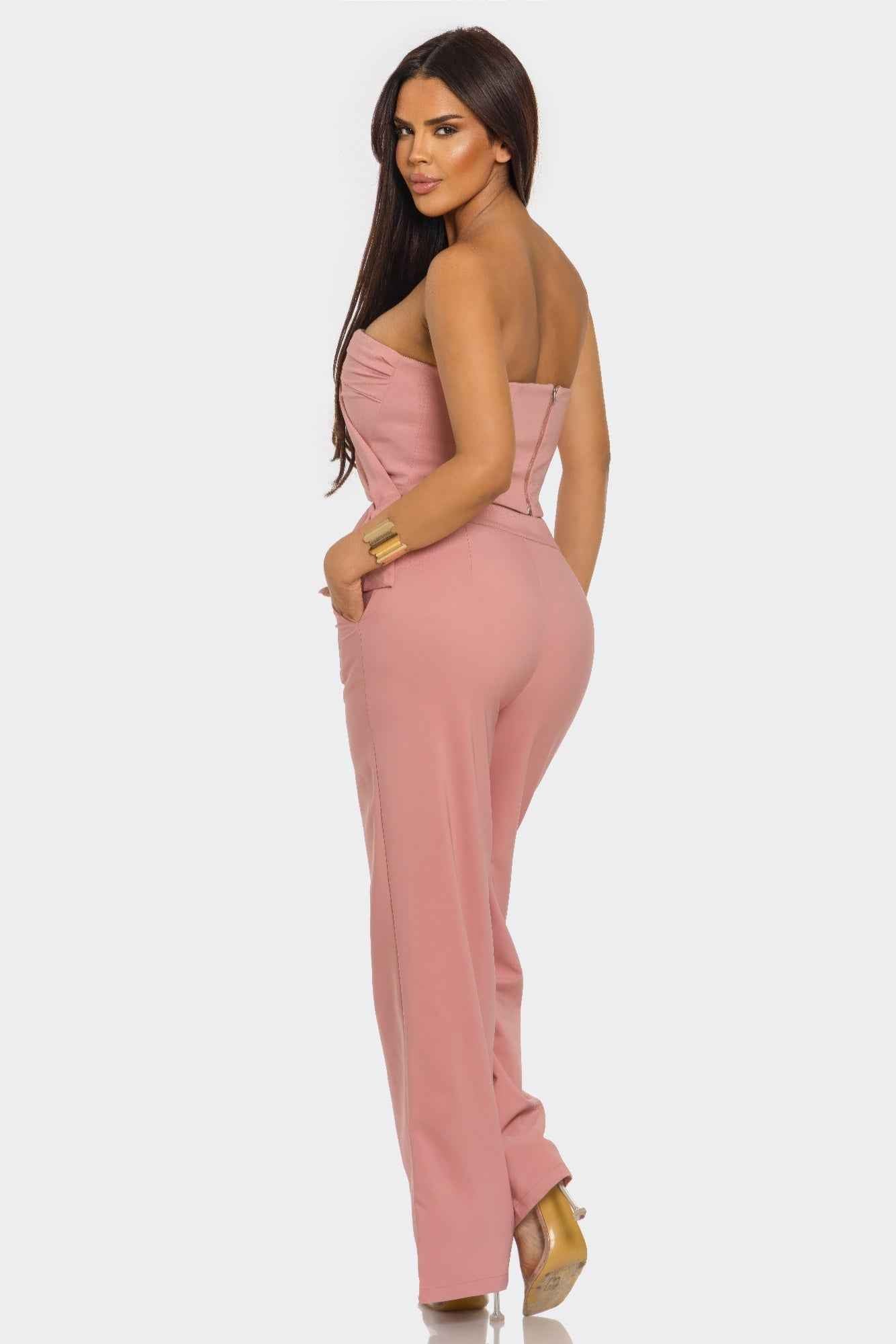 Strapless Peplum Top Set - Wide Leg Trouser Pleated Two Piece