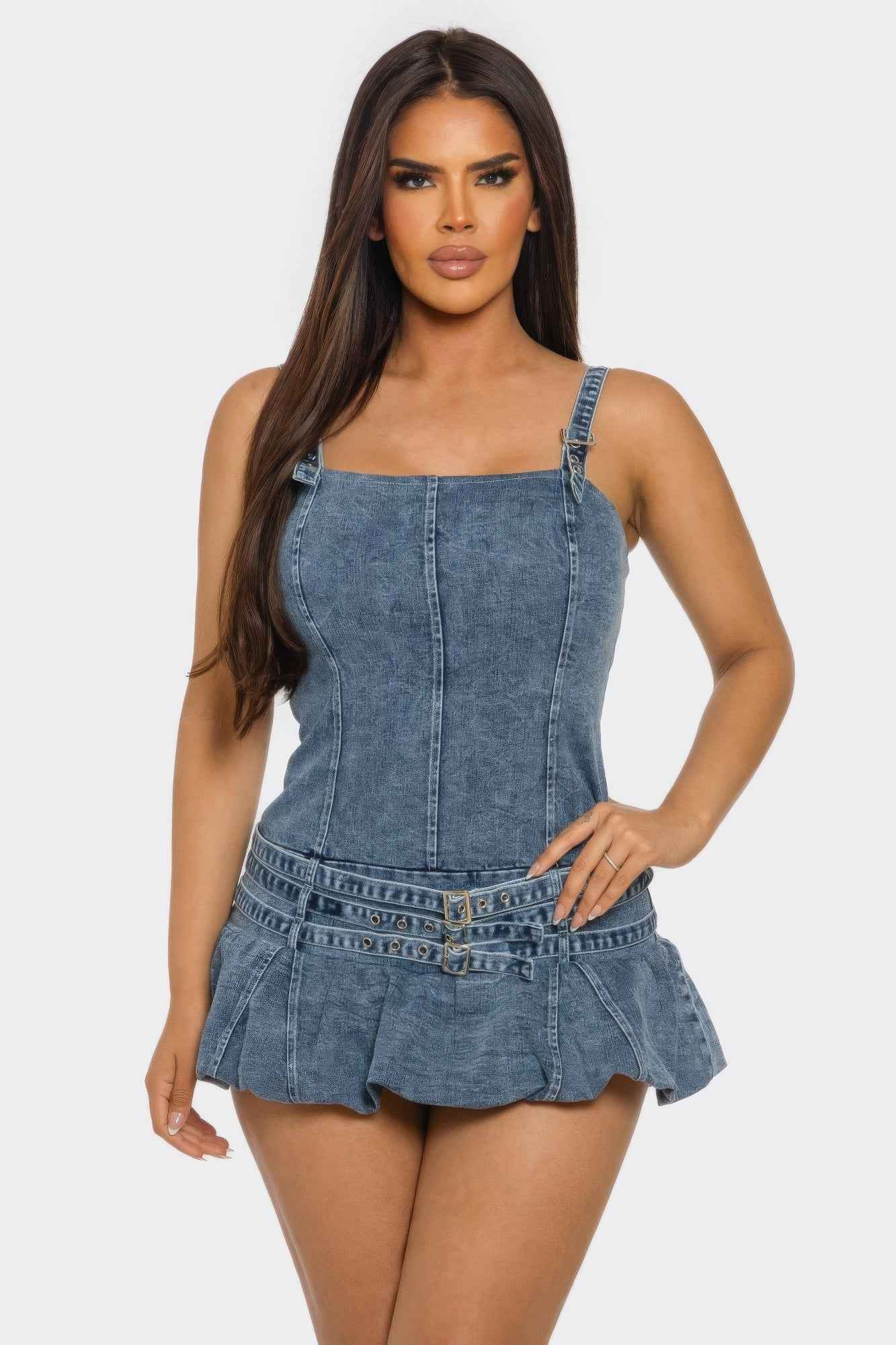 Denim Romper Dress - Ruffle Overlay Belted Mini Skirt
