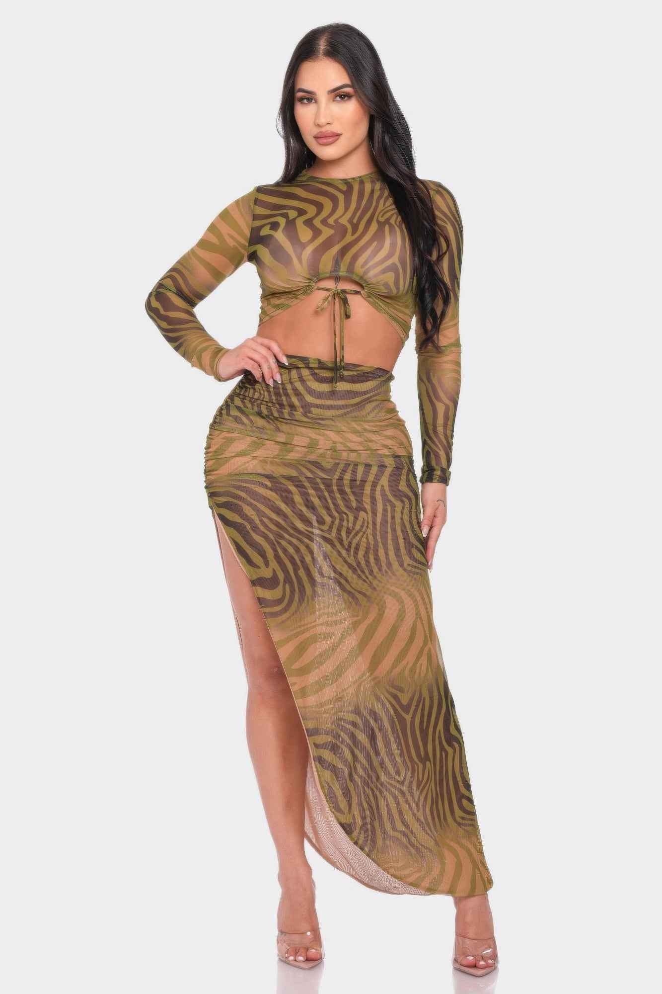 Zebra Print Mesh Top Skirt Set - Sheer Lined Maxi