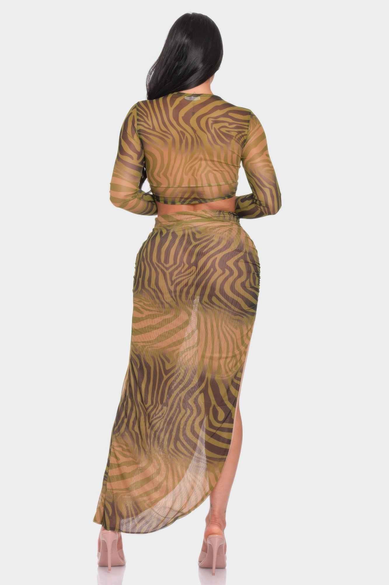 Zebra Print Mesh Top Skirt Set - Sheer Lined Maxi