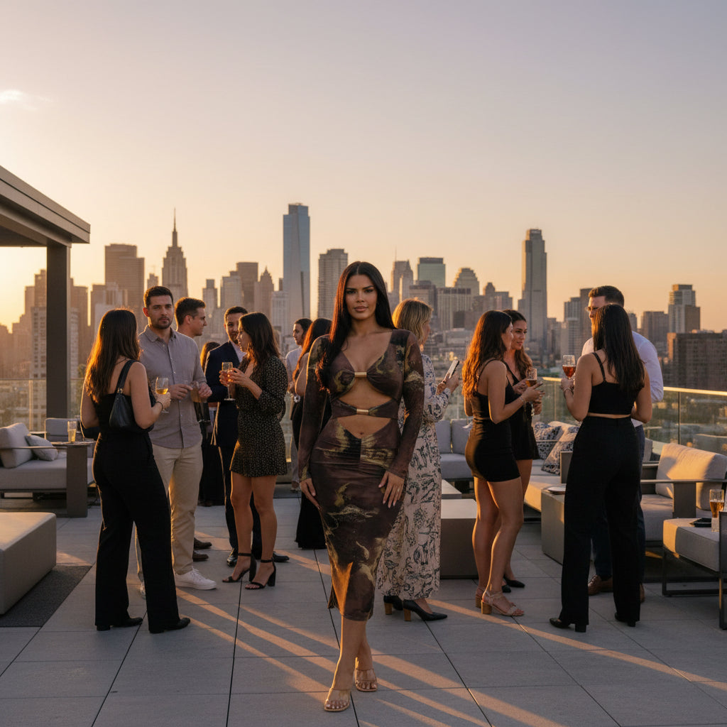 Woman wearing a camouflage dress with cut-out design on a white background