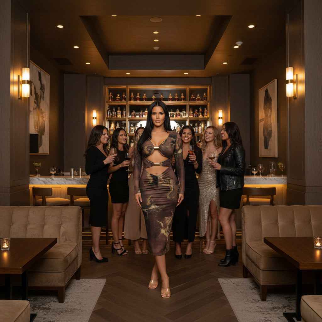 Marble Print Cutout Dress - Metal Bar Midi Bodycon