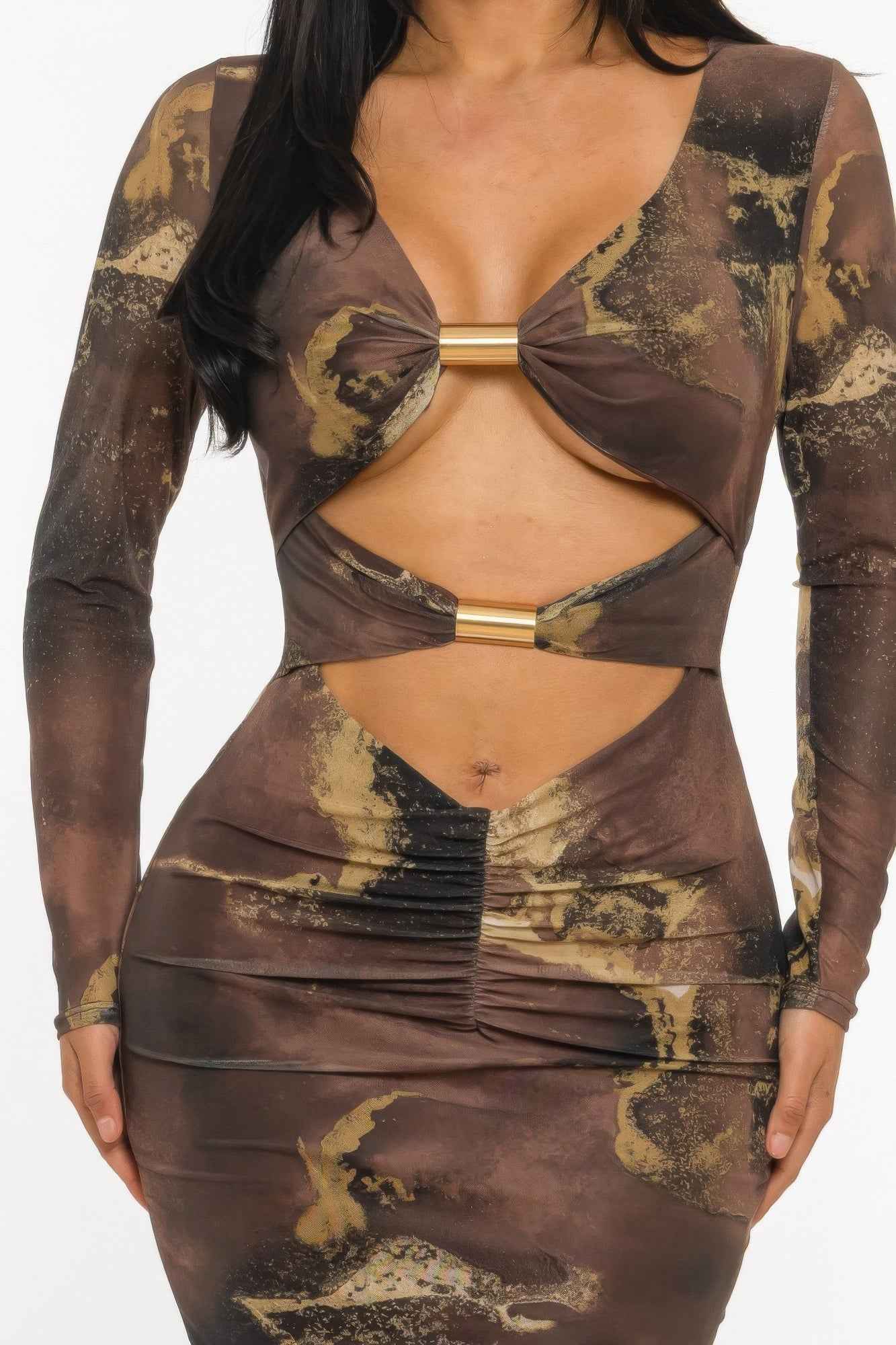 Marble Print Cutout Dress - Metal Bar Midi Bodycon