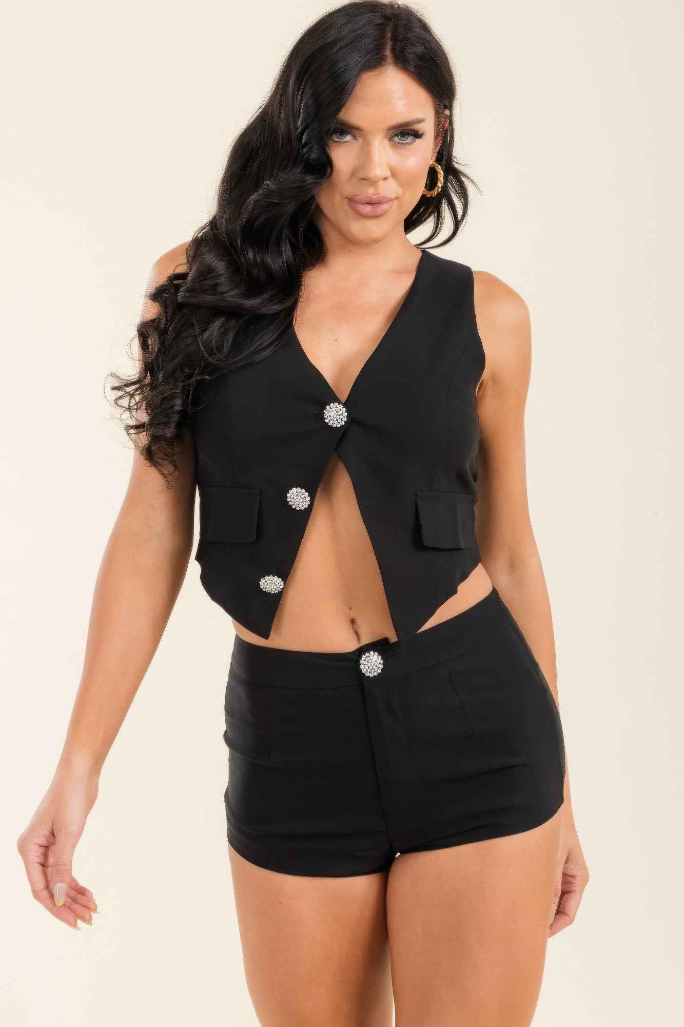 Jewel Button Vest Set - Tailored High Waist Shorts