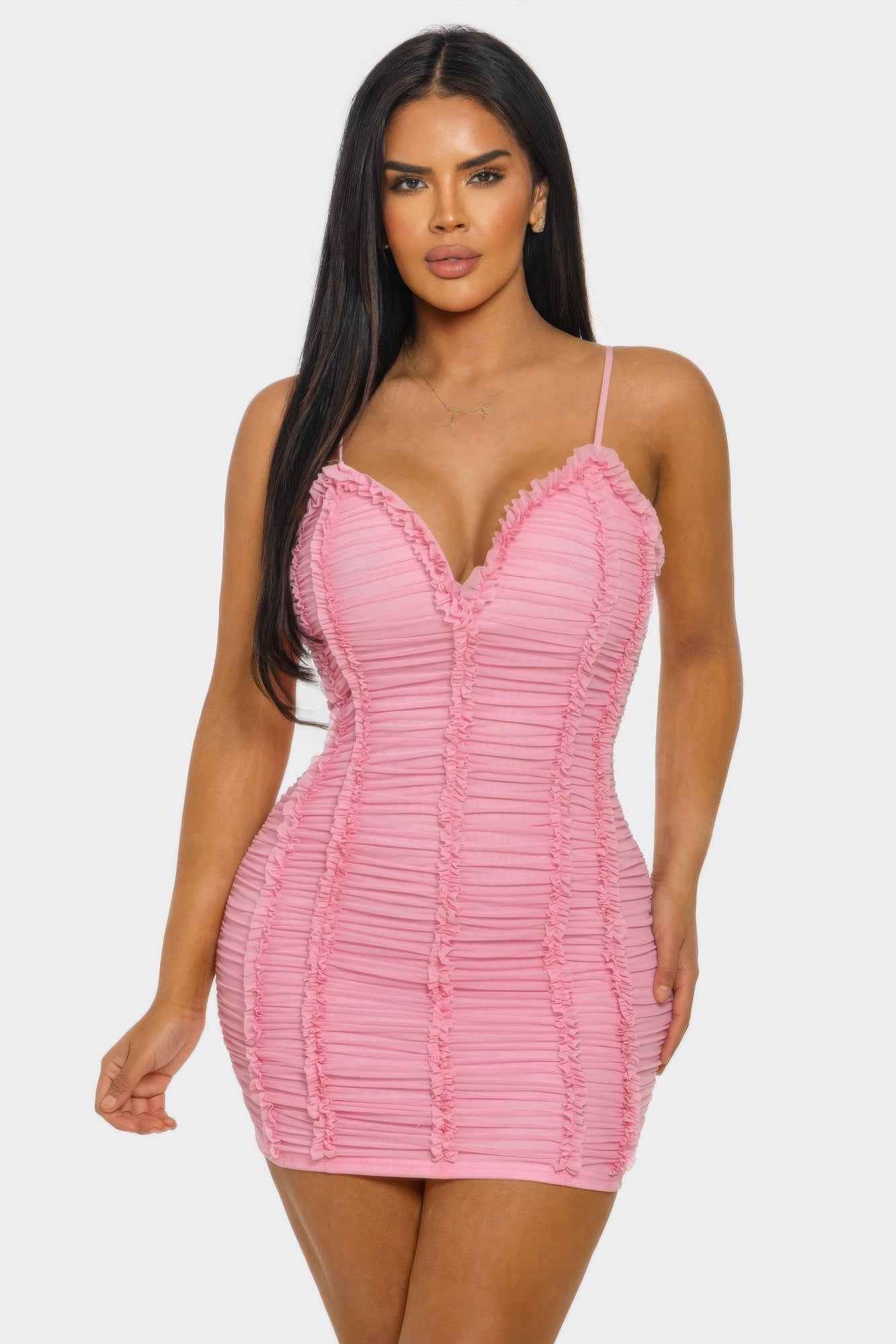 Ruched Mini Dress - Sweetheart Neck Ruffle Spaghetti