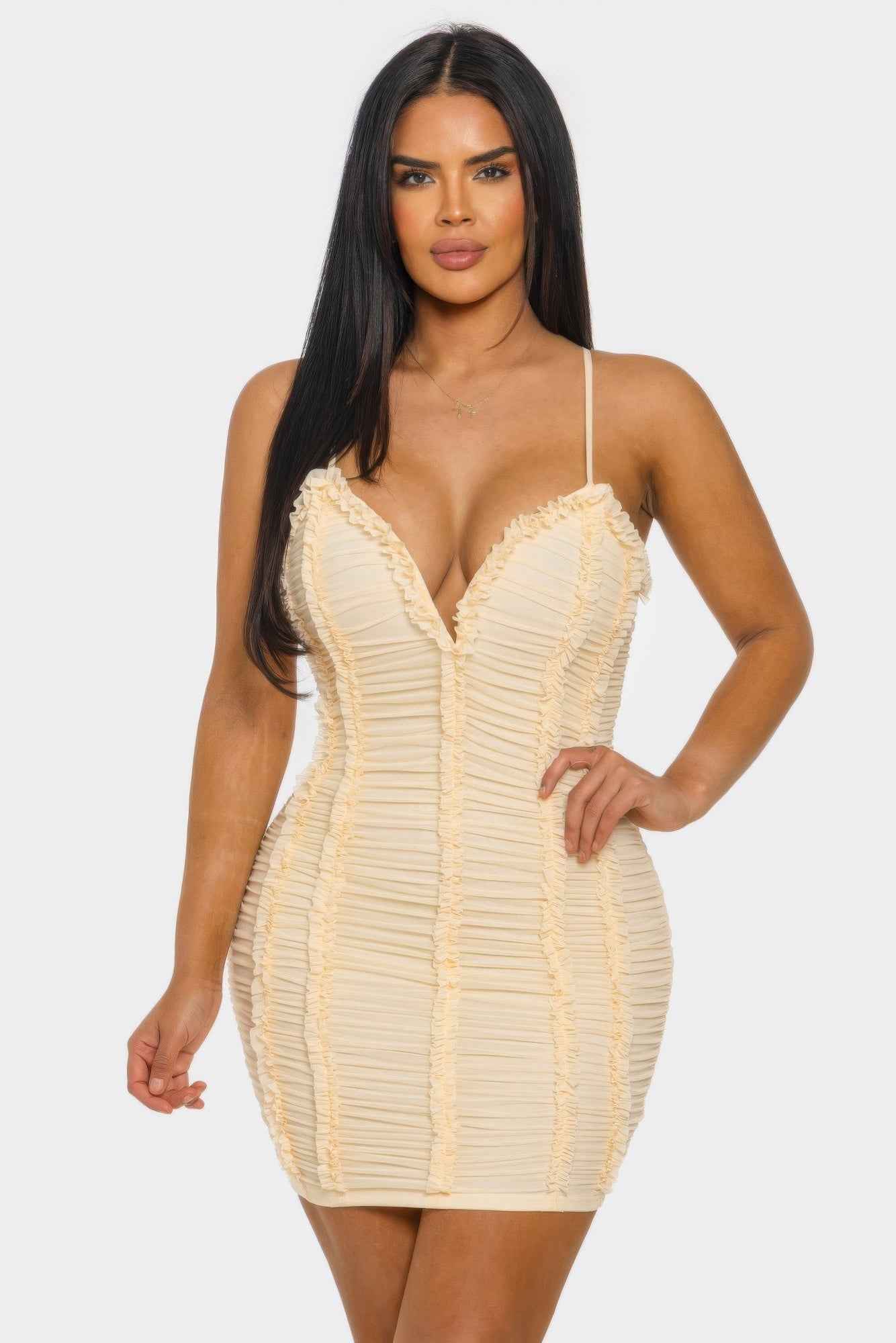 Ruched Mini Dress - Sweetheart Neck Ruffle Spaghetti