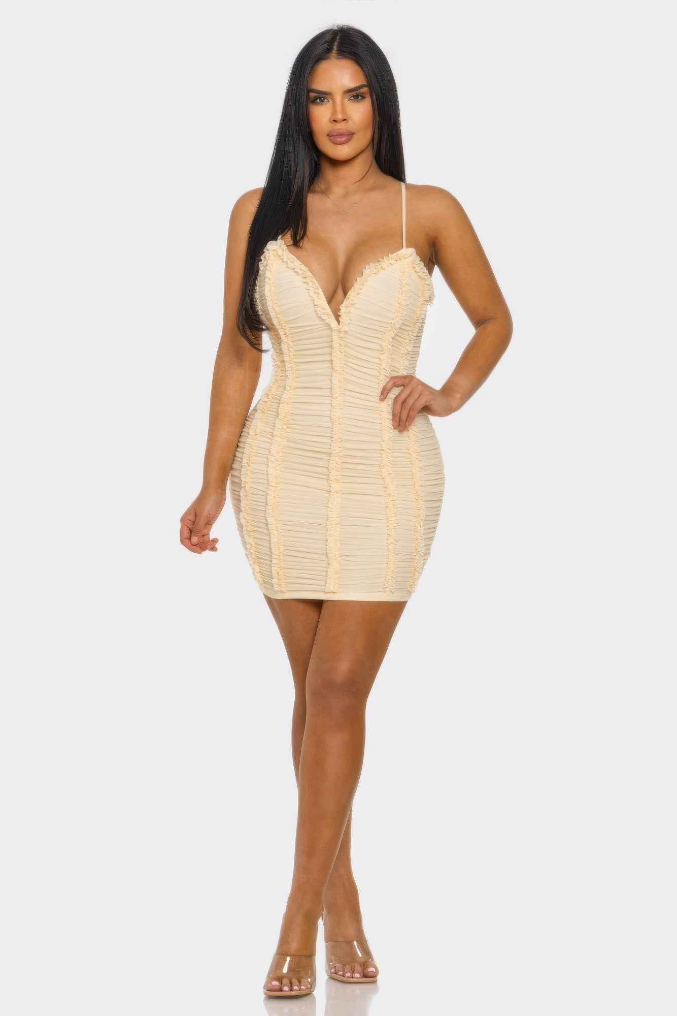 Ruched Mini Dress - Sweetheart Neck Ruffle Spaghetti